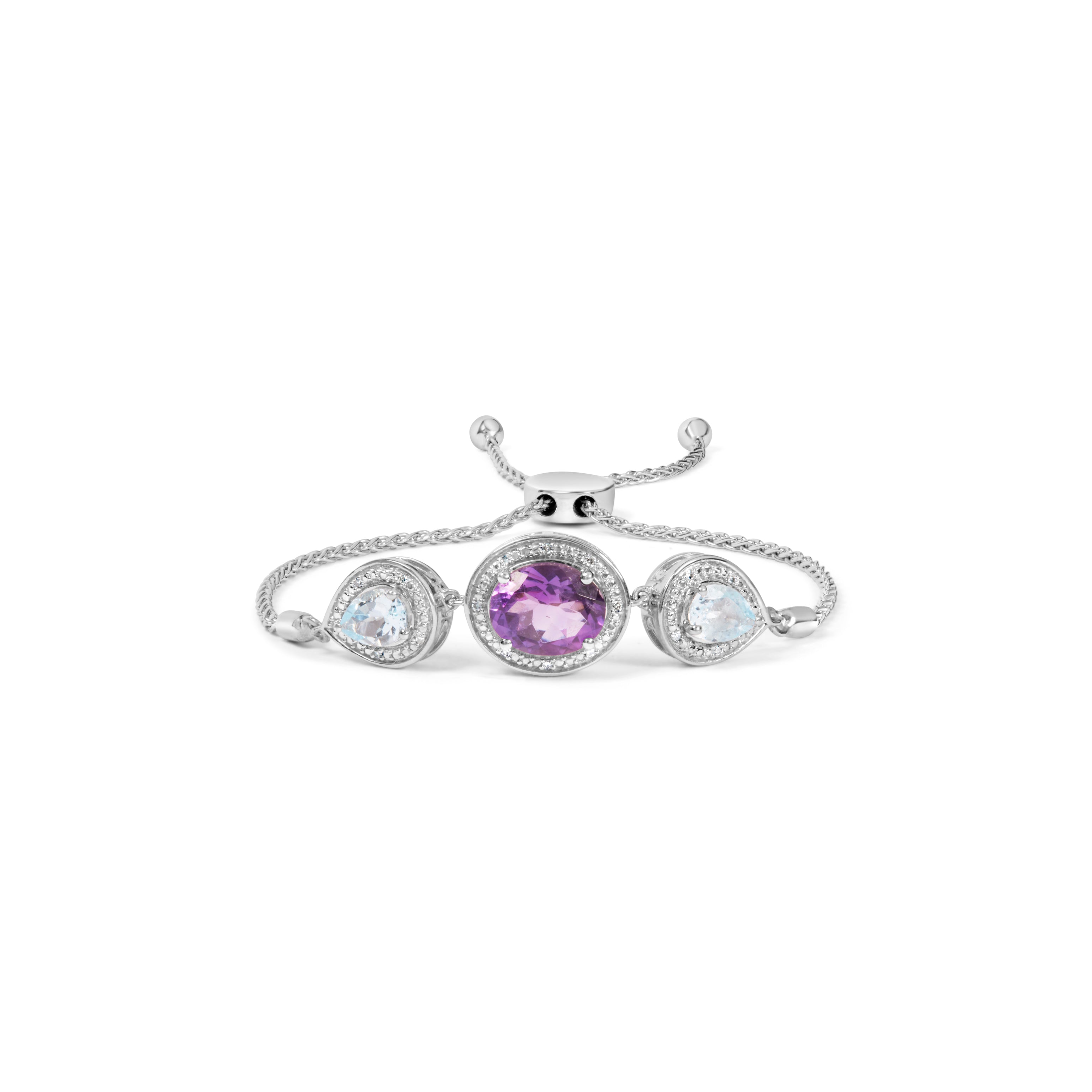 .925 Sterling Silver Oval Amethyst and Pear Blue Topaz with Diamond Accent Lariat 4â€-10â€ Adjustable Bolo Bracelet (H-I Color, SI1-SI2 Clarity)