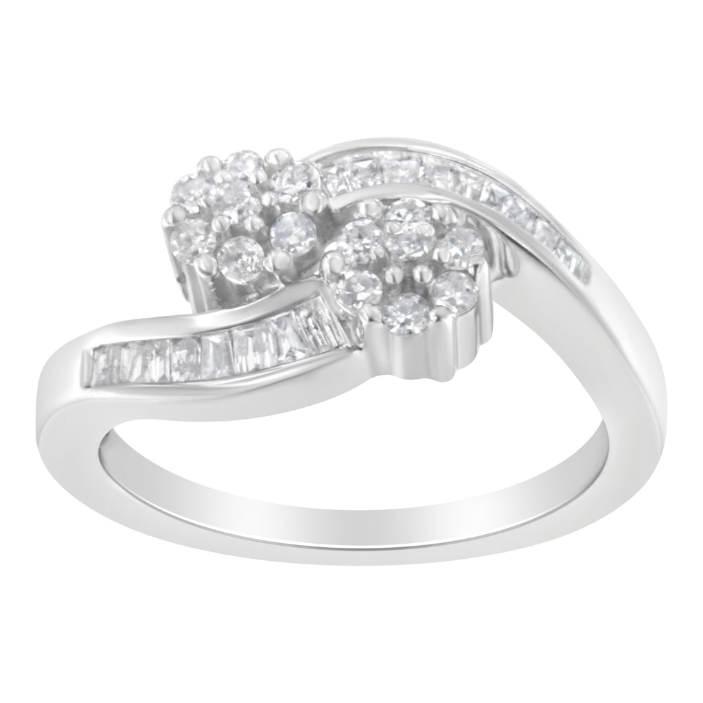 14K White Gold Round and Baguette Diamond Bypass Ring (1/2 cttw, H-I Color, I1-I2 Clarity) - Ring Size 6