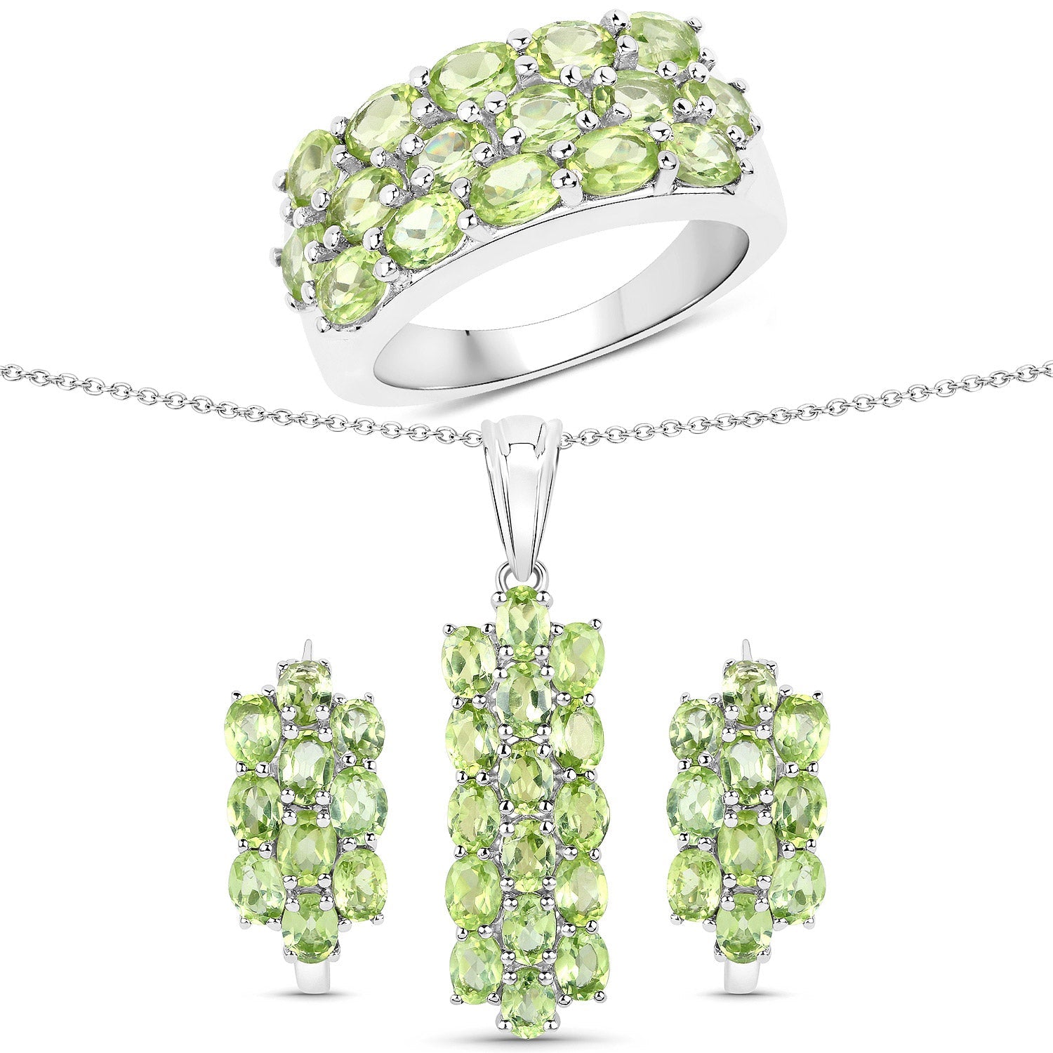 8.84 Carat Genuine Peridot .925 Sterling Silver 3 Piece Jewelry Set (Ring, Earrings, and Pendant w/ Chain)