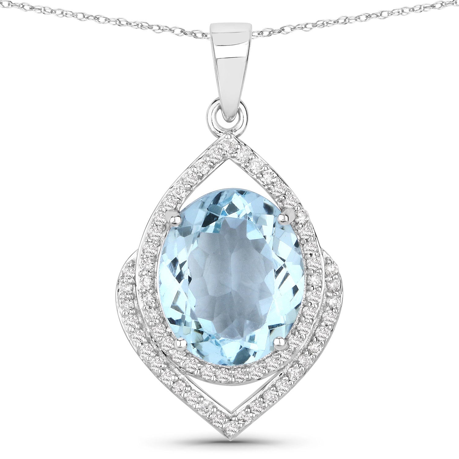 3.82 Carat Genuine Aquamarine and White Diamond 14K White Gold Pendant