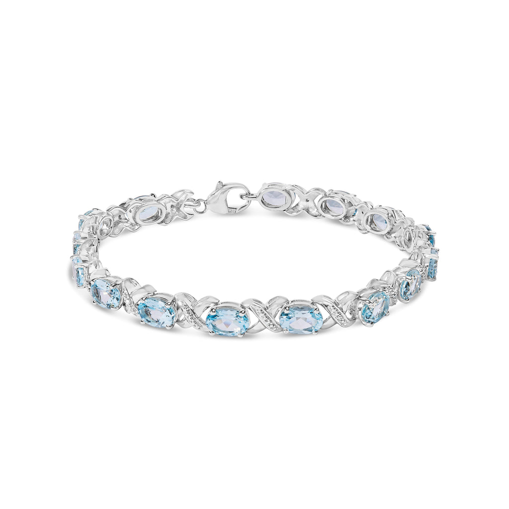 .925 Sterling Silver 16.0 Cttw Oval Blue Topaz and Diamond Accent Tennis X Link Bracelet (I-J Color, I1-I2 Clarity) - Size 7" Inch