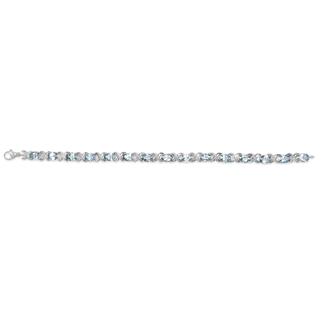 .925 Sterling Silver 16.0 Cttw Oval Blue Topaz and Diamond Accent Tennis X Link Bracelet (I-J Color, I1-I2 Clarity) - Size 7" Inch