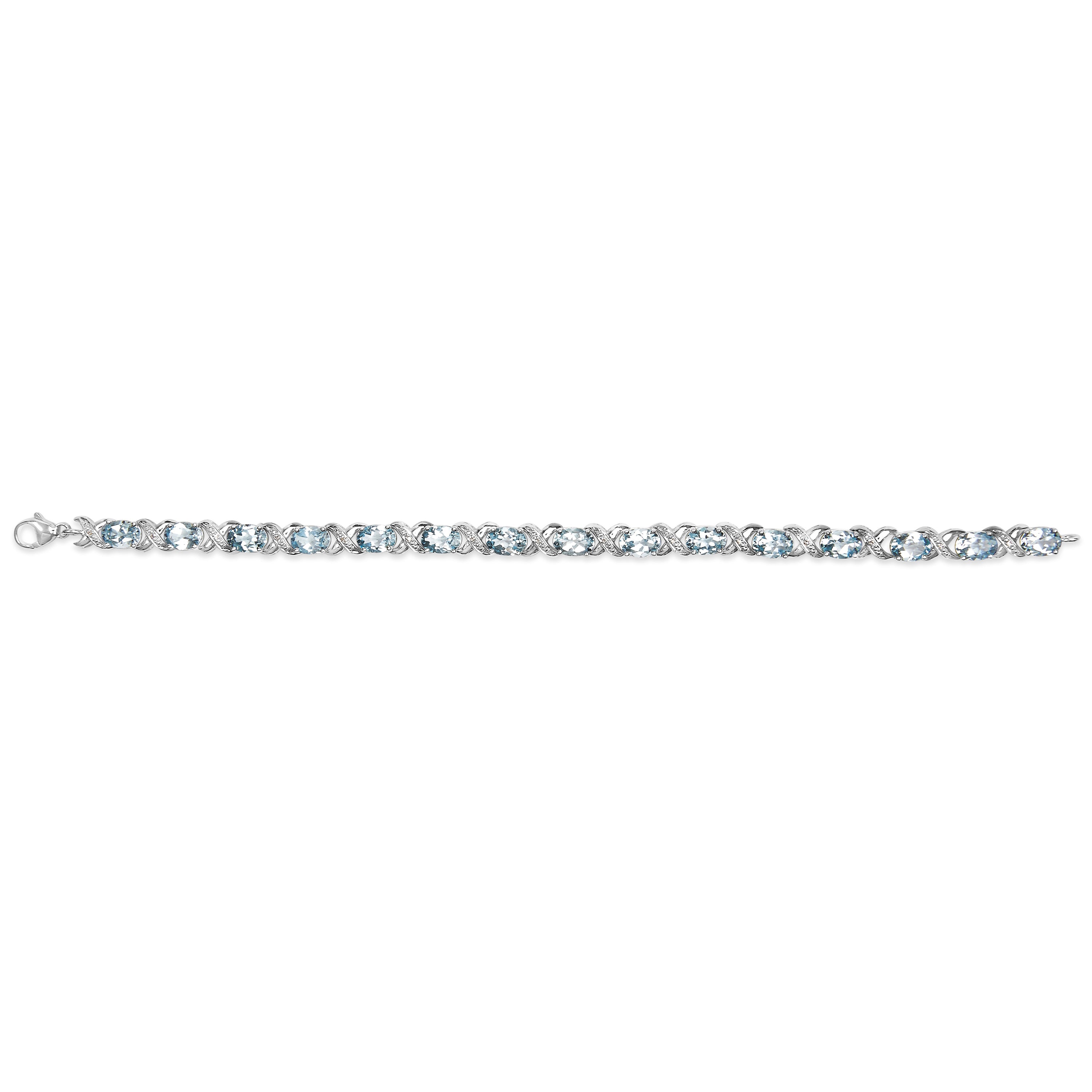.925 Sterling Silver 16.0 Cttw Oval Blue Topaz and Diamond Accent Tennis X Link Bracelet (I-J Color, I1-I2 Clarity) - Size 7" Inch