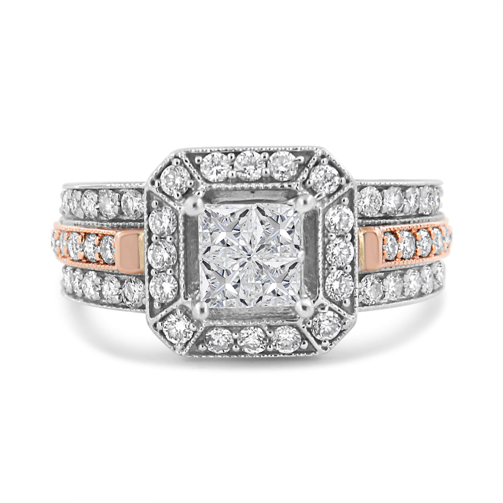 14K White and Rose Gold 1 1/8 Cttw Princess and Round-Cut Diamond Art Deco Style Triple Shank Halo Cocktail Ring (I-J Color, SI2-I1 Clarity) - Size 7