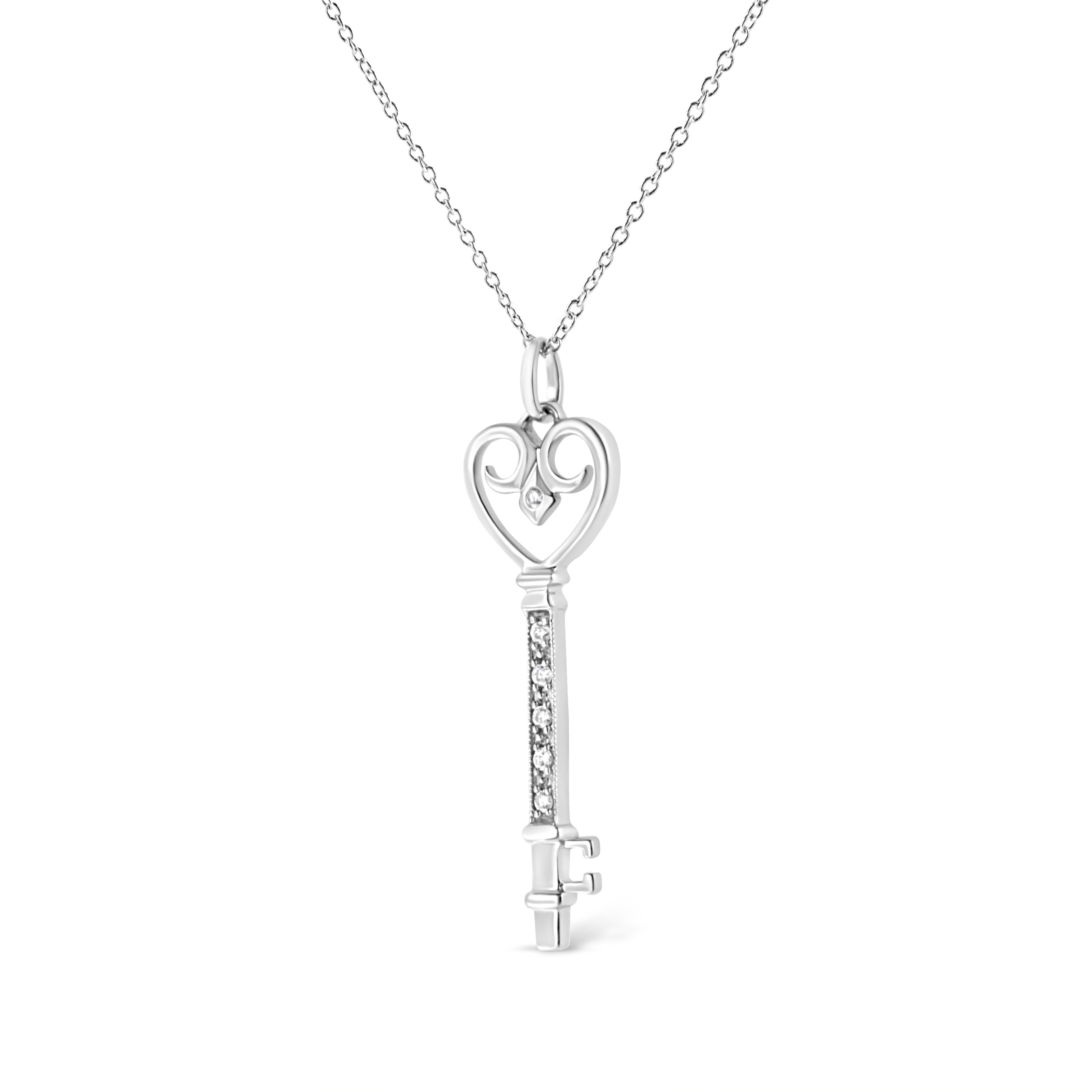 .925 Sterling Silver Pave and Bezel-Set Diamond Accent Key 18" Heart and Lock Pendant Necklace (K-L Color, I1-I2 Clarity)