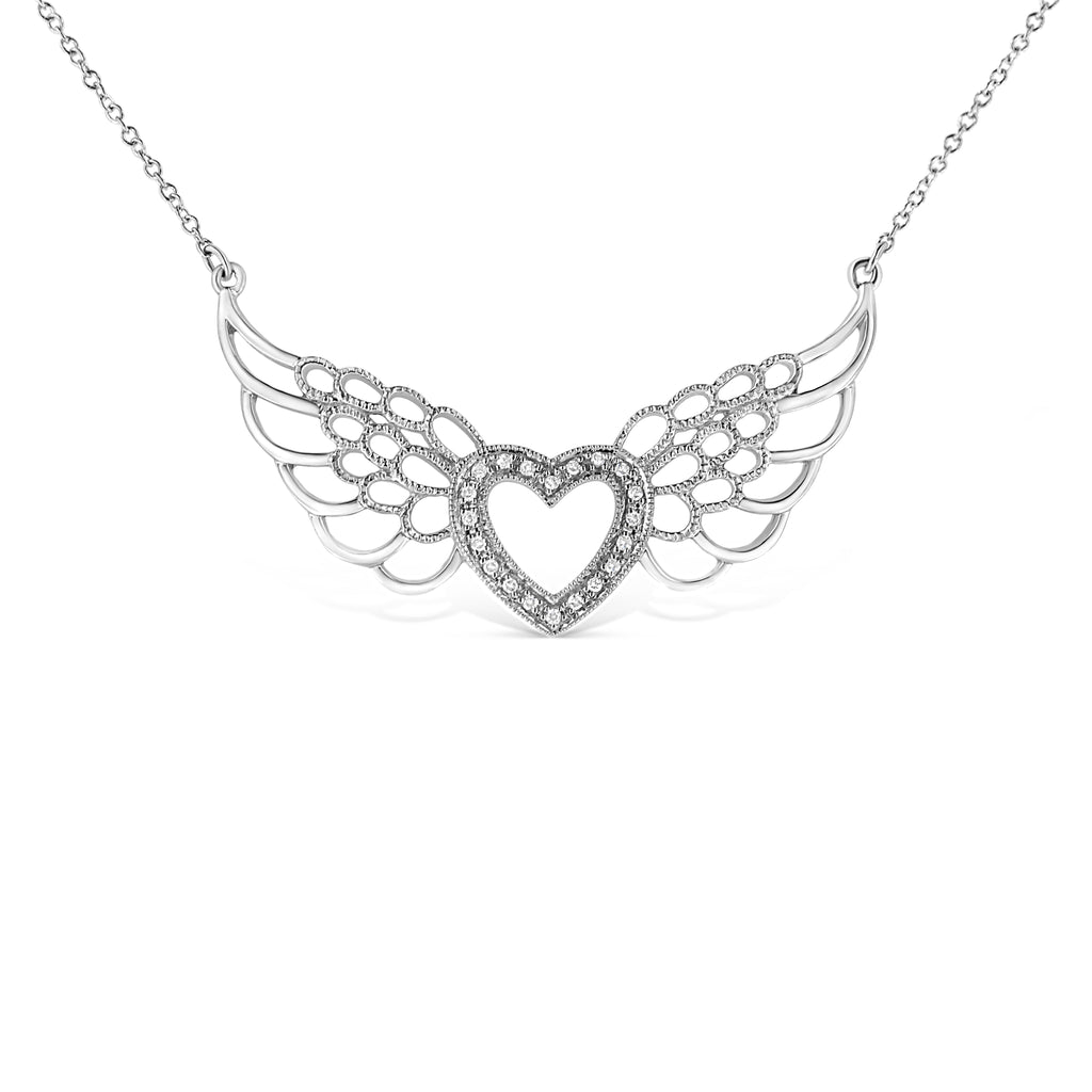.925 Sterling Silver Pave-Set Diamond Accent Fairy Wing 18" Heart Pendant Necklace (I-J Color, I1-I2 Clarity)
