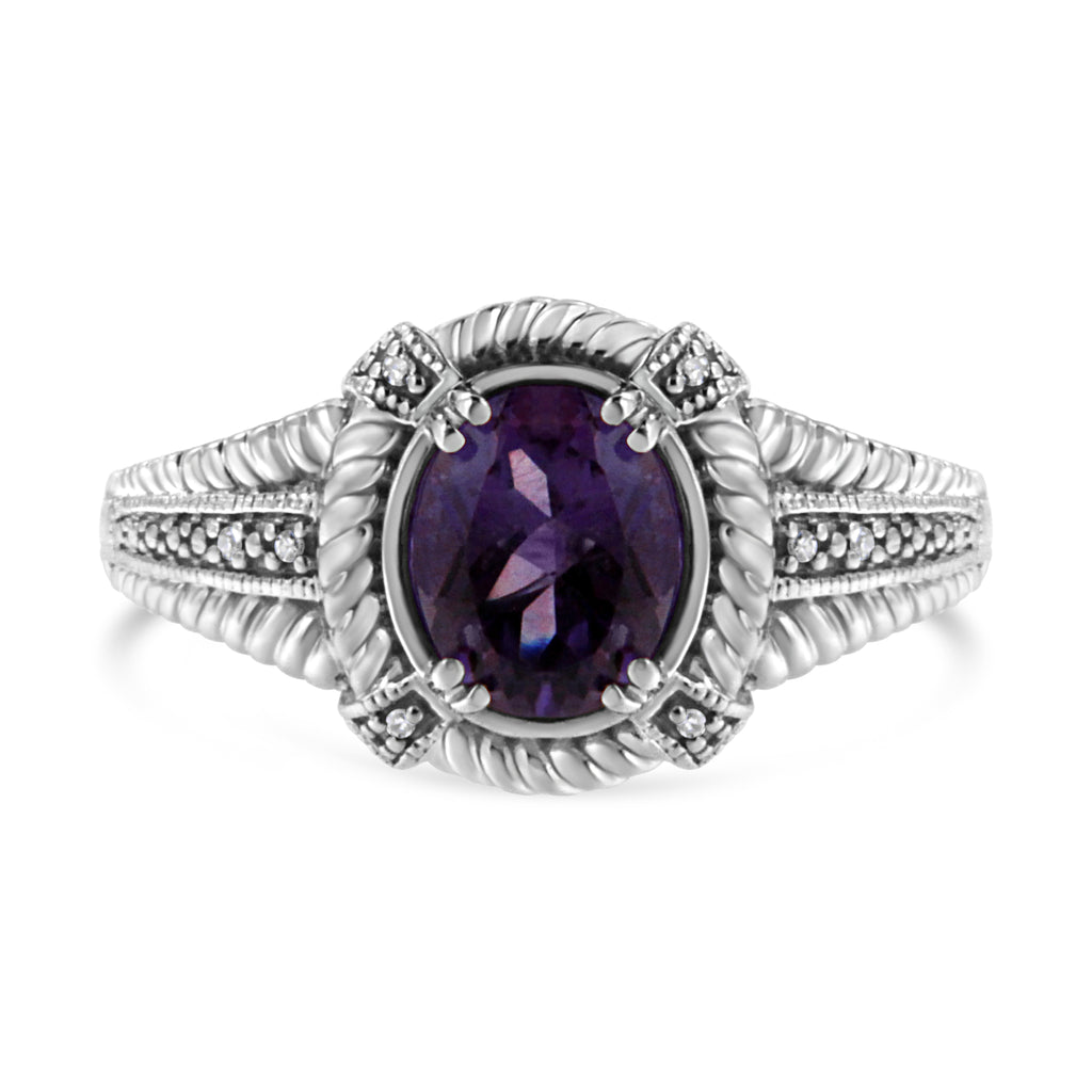 .925 Sterling Silver Prong Set Natural Oval Shape 9X7 MM Purple Amethyst Solitaire and Diamond Accent Ring (I-J Color, I1-I2 Clarity) - Ring Size 7