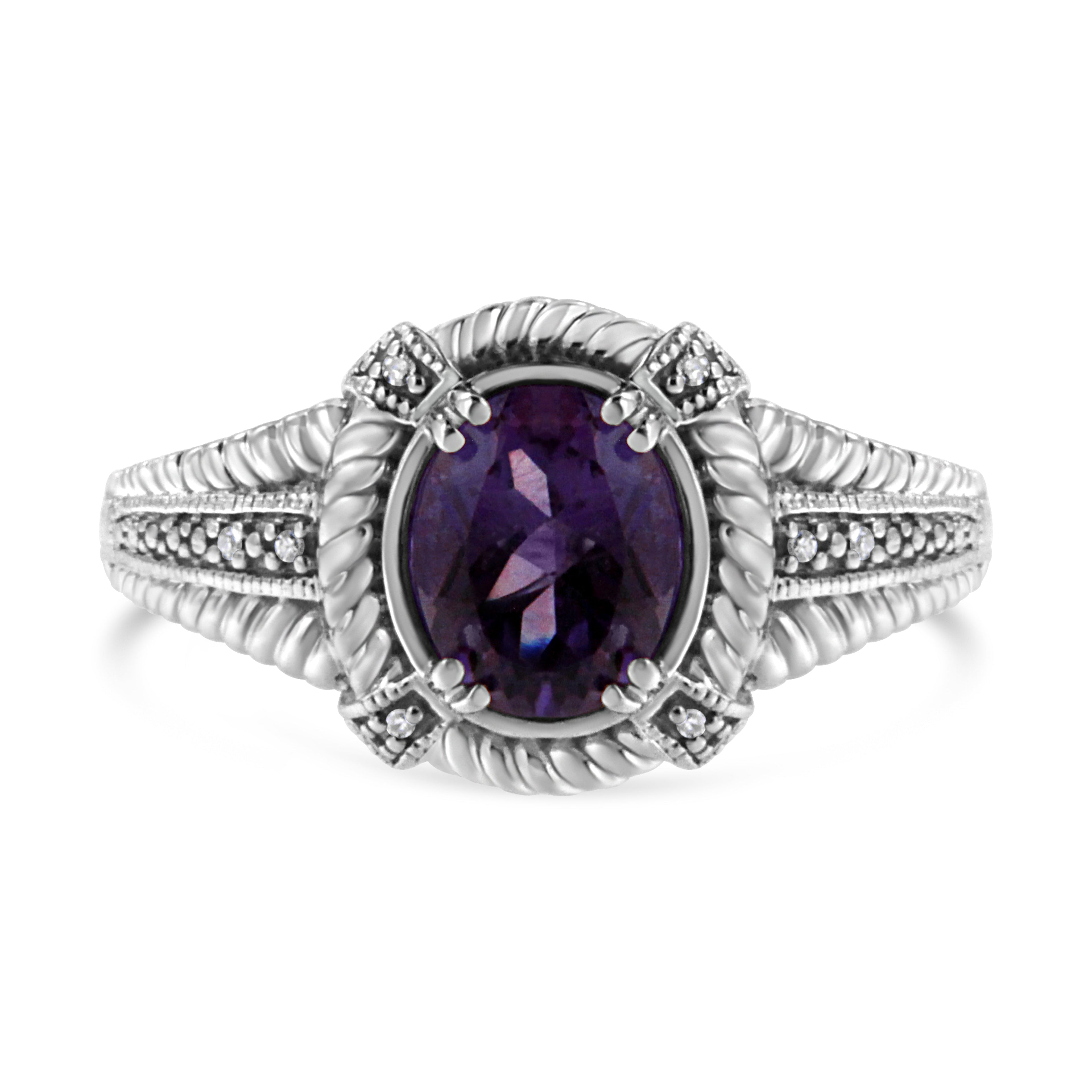 .925 Sterling Silver Prong Set Natural Oval Shape 9X7 MM Purple Amethyst Solitaire and Diamond Accent Ring (I-J Color, I1-I2 Clarity) - Ring Size 7