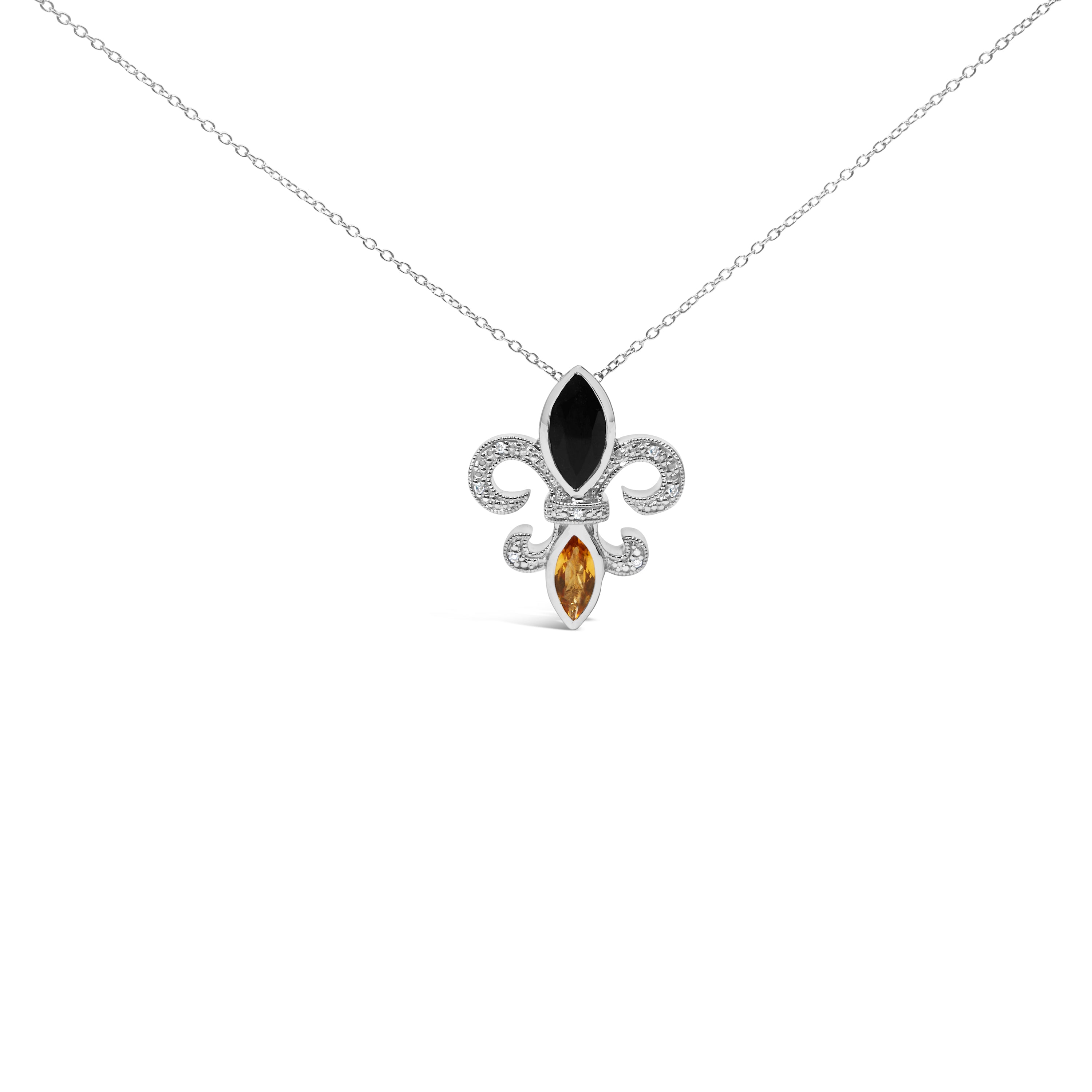 .925 Sterling Silver Marquise Onyx and Citrine and Diamond Accent Fleur De Lis Pendant Necklace (H-I Color, SI1-SI2 Clarity) - 18"