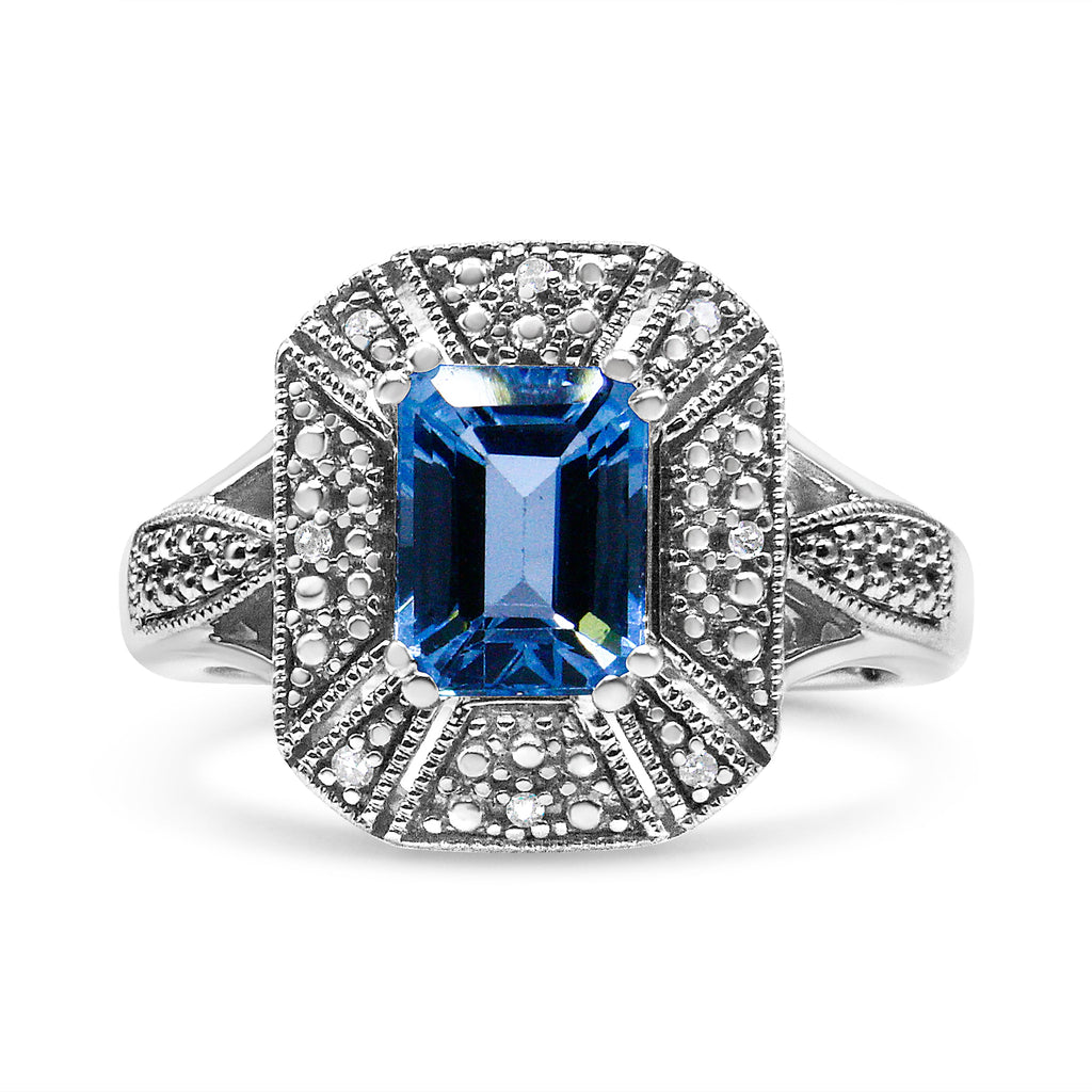 .925 Sterling Silver Diamond Accent and 8X6 mm Emerald-Shape Blue Topaz Ring (I-J Color, I2-I3 Clarity) - Ring Size 7