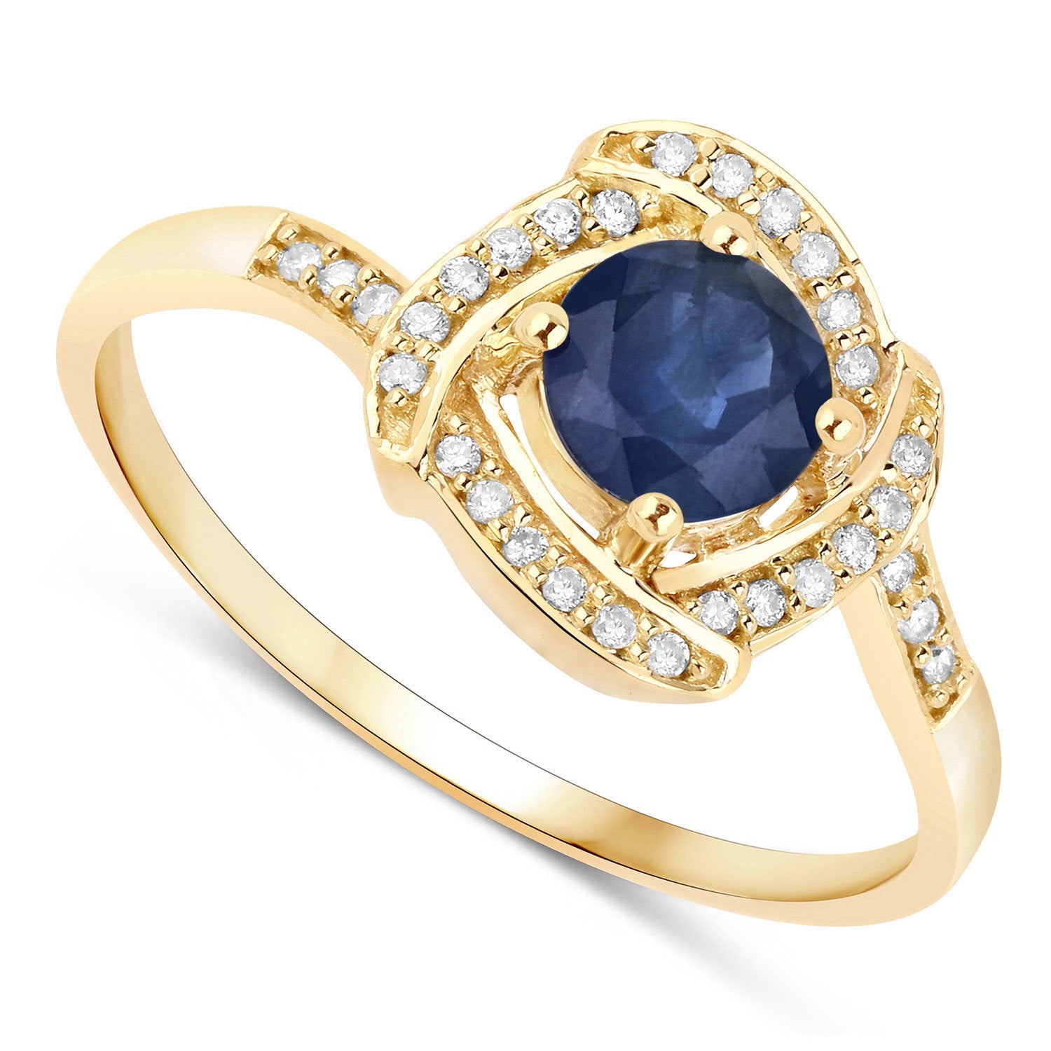 0.73 Carat Genuine Blue Sapphire and White Diamond 14K Yellow Gold Ring