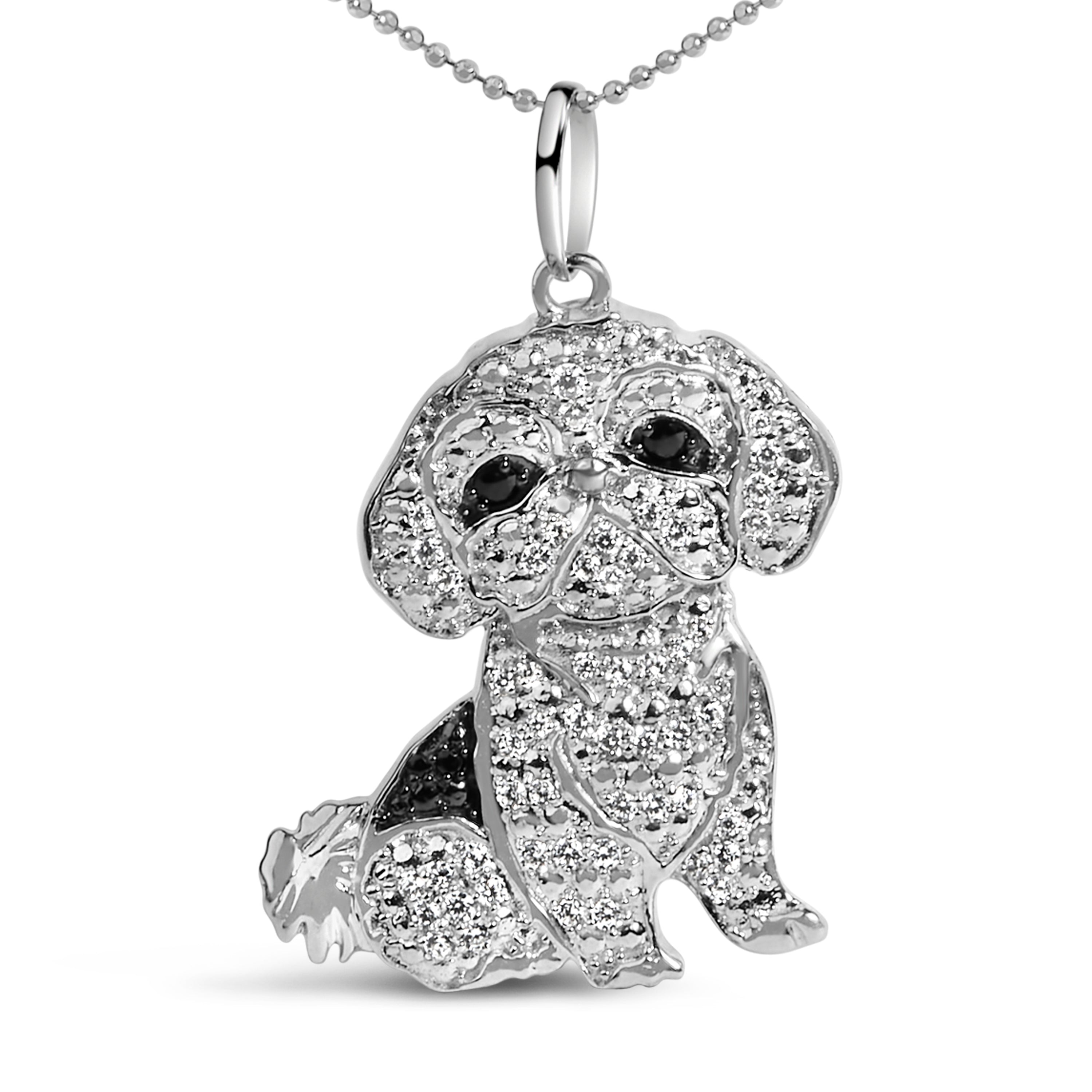.925 Sterling Silver 1/2 Cttw White and Black Diamond Shih Tzu Dog 18" Pendant Necklace (I-J Color, I2-I3 Clarity)