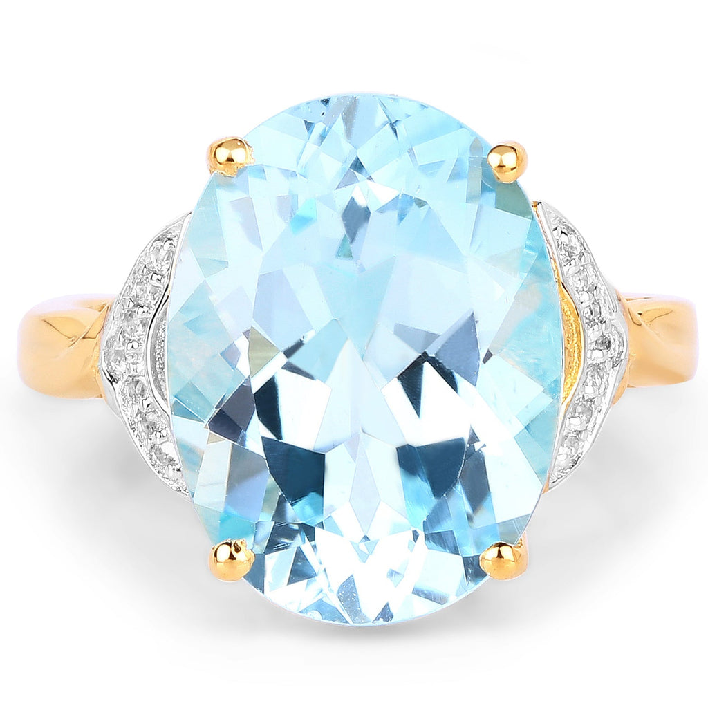 14K Yellow Gold Plated 11.32 Carat Genuine Blue Topaz and White Topaz .925 Sterling Silver Ring