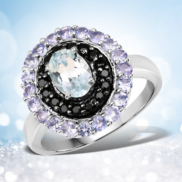 1.77 Carat Genuine Aquamarine, Black Spinel and Tanzanite .925 Sterling Silver Ring