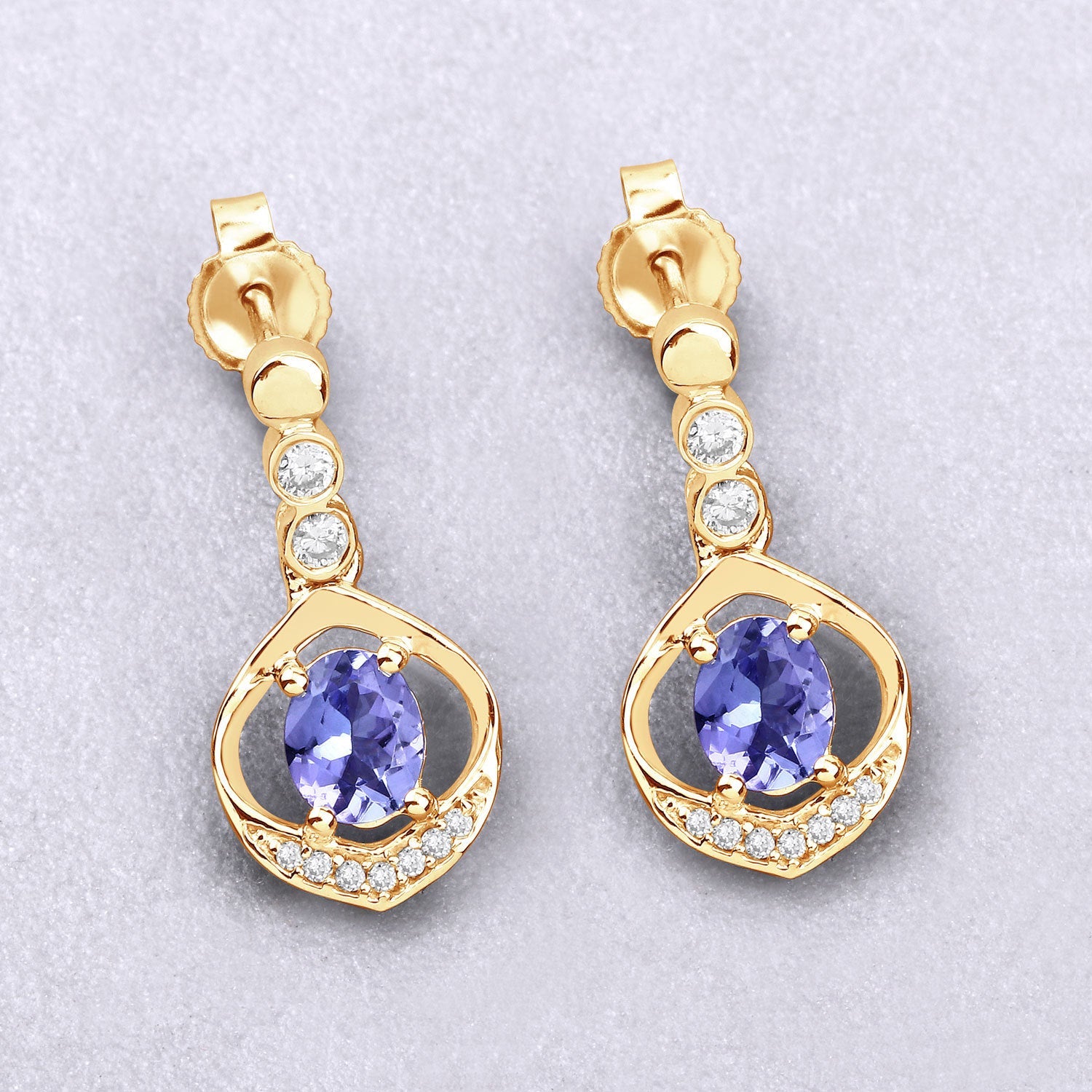 0.76 Carat Genuine Tanzanite and White Diamond 14K Yellow Gold Earrings