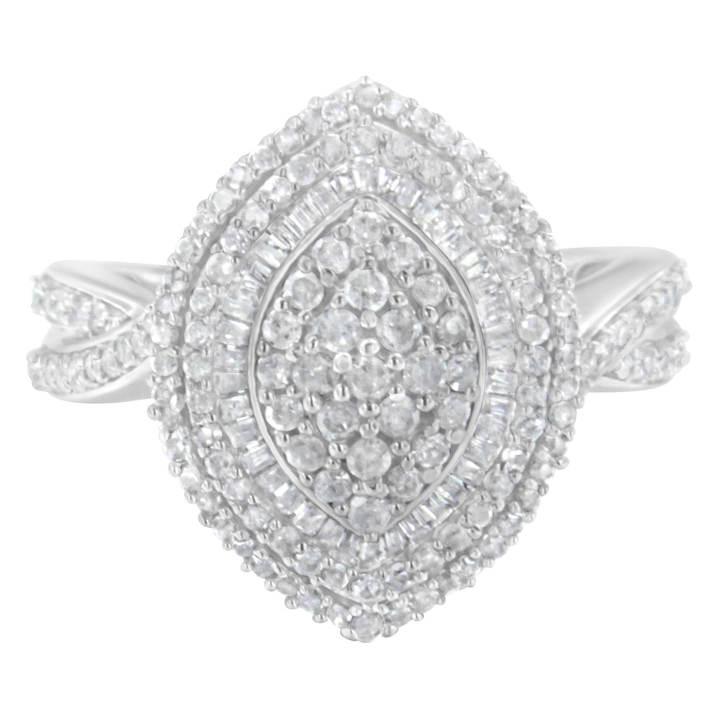 .925 Sterling Silver 1.0 Cttw Round & Baguette-Cut Diamond Marquise-Shaped Cluster Triple Stepped Halo Cocktail Fashion Ring (I-J Color, I2-I3 Clarity) - Size 7