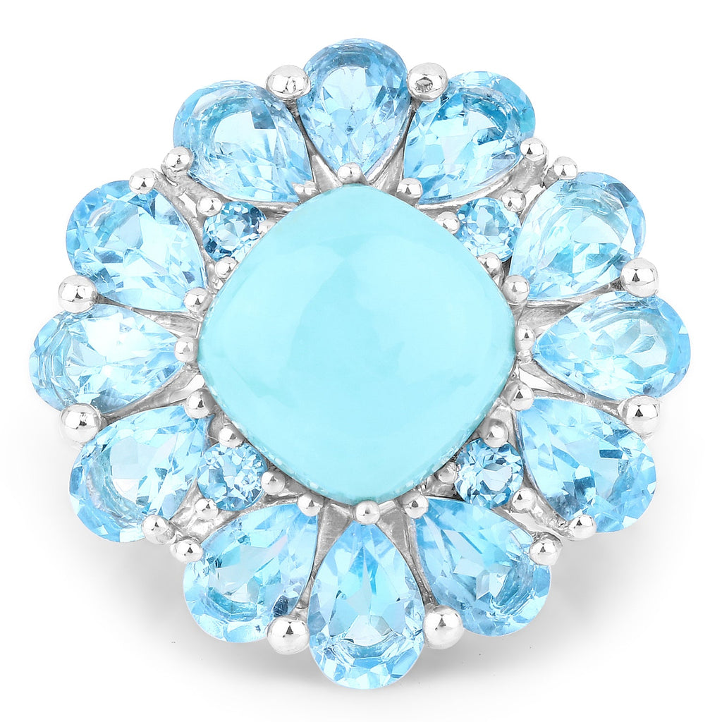 9.50 Carat Genuine Turquoise and Swiss Blue Topaz .925 Sterling Silver Ring