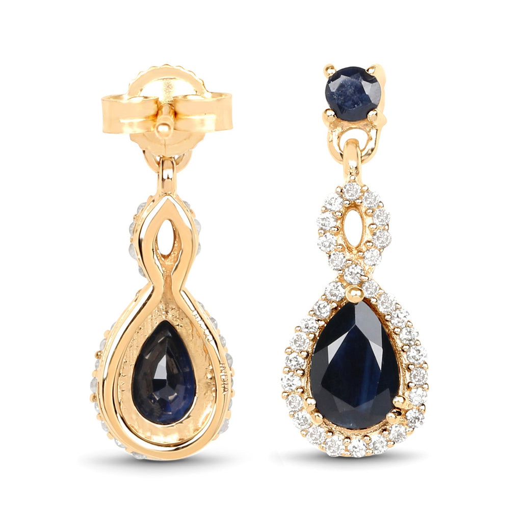 1.19 Carat Genuine Blue Sapphire and White Diamond 14K Yellow Gold Earrings