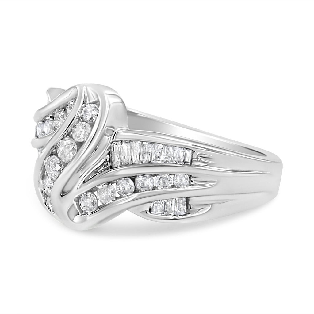 10K White Gold Ring 3/4 Cttw Round and Baguette-Cut Diamond Bypass Ring (H-I Color, I2-I3 Clarity) - Size 6