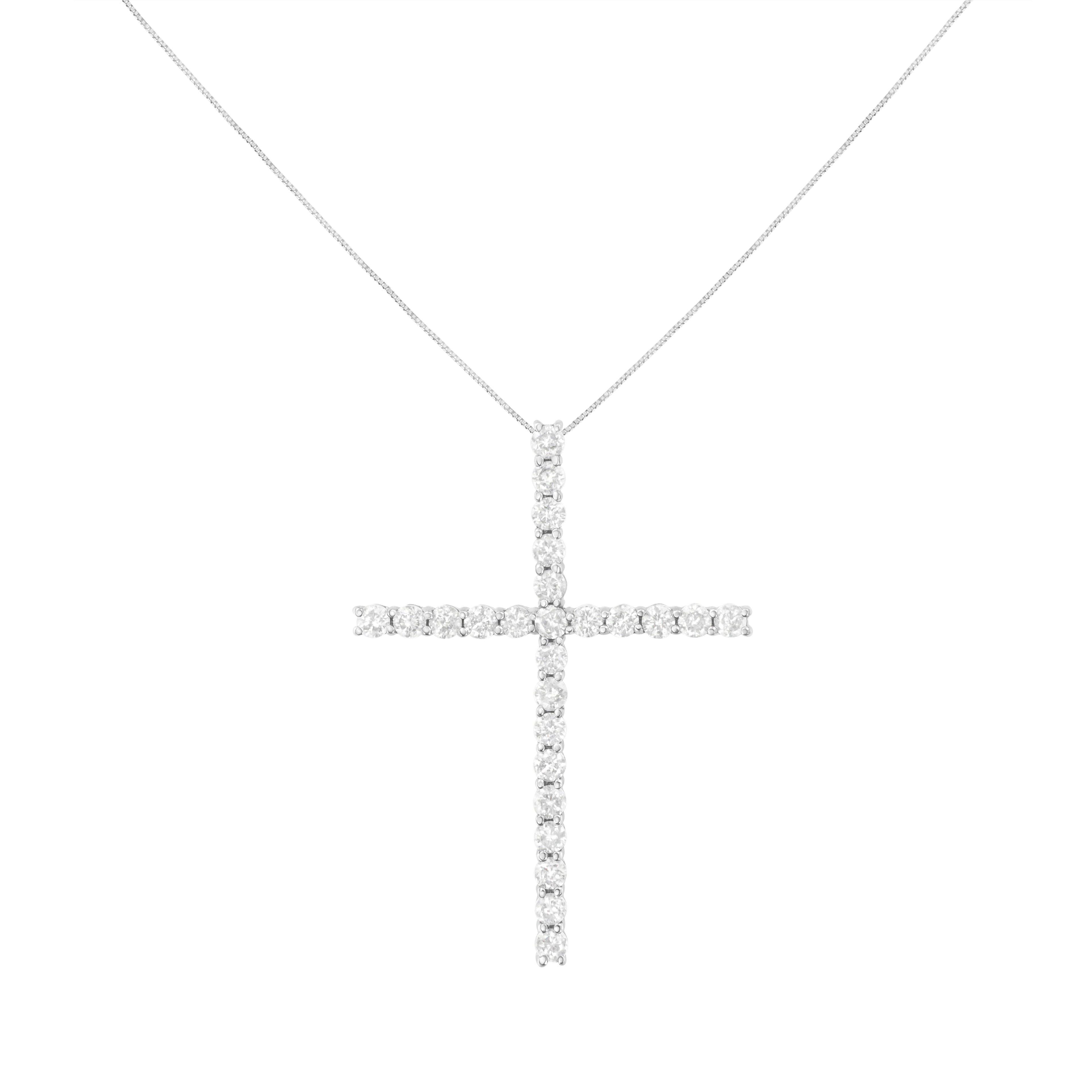 .925 Sterling Silver 3.0 Cttw Round Shape Diamond 1-1/2" Cross Pendant with Box Chain Necklace (I-J Color, I2-I3 Clarity) - 18"