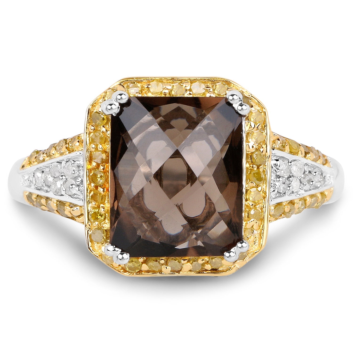 3.48 Carat Genuine Smoky Quartz, Yellow Diamond and White Diamond .925 Sterling Silver Ring