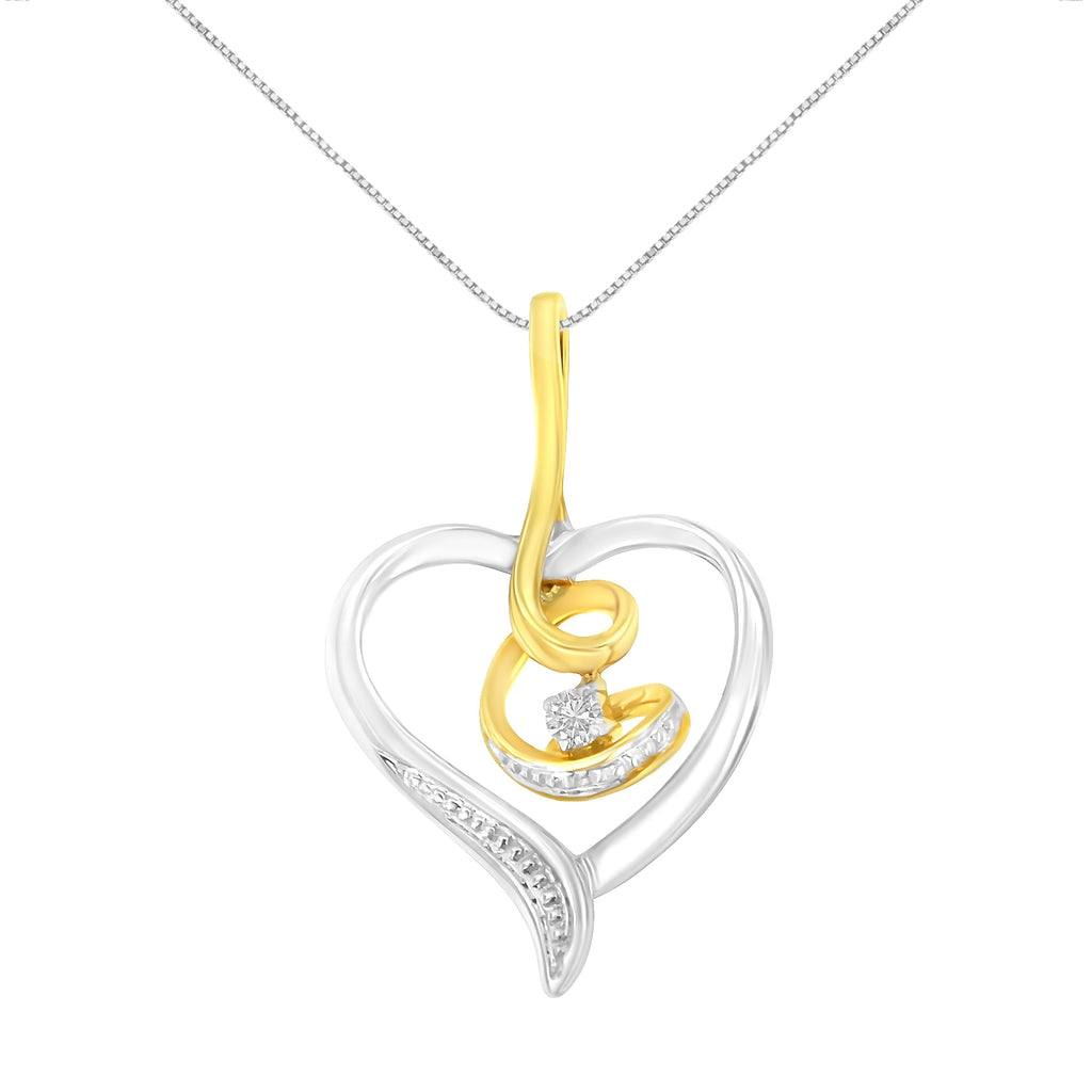 Espira 10K Two-Tone Yellow & White Gold .03 Cttw Diamond-Accented Round-Cut Diamond Swirl Open Heart 18" Pendant Necklace (I-J Color, I2-I3 Clarity)