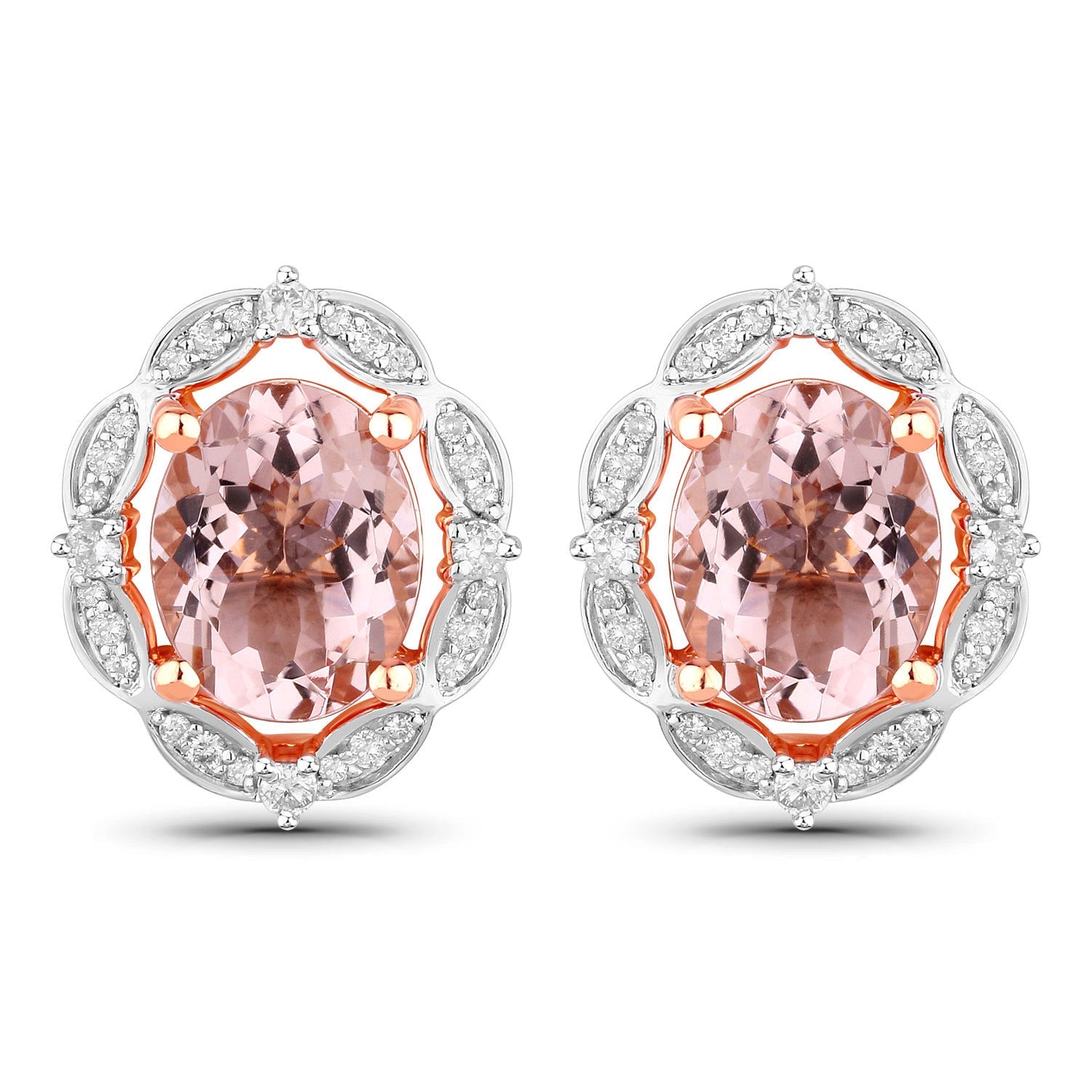3.52 Carat Genuine Morganite and White Diamond 14K Rose Gold Earrings