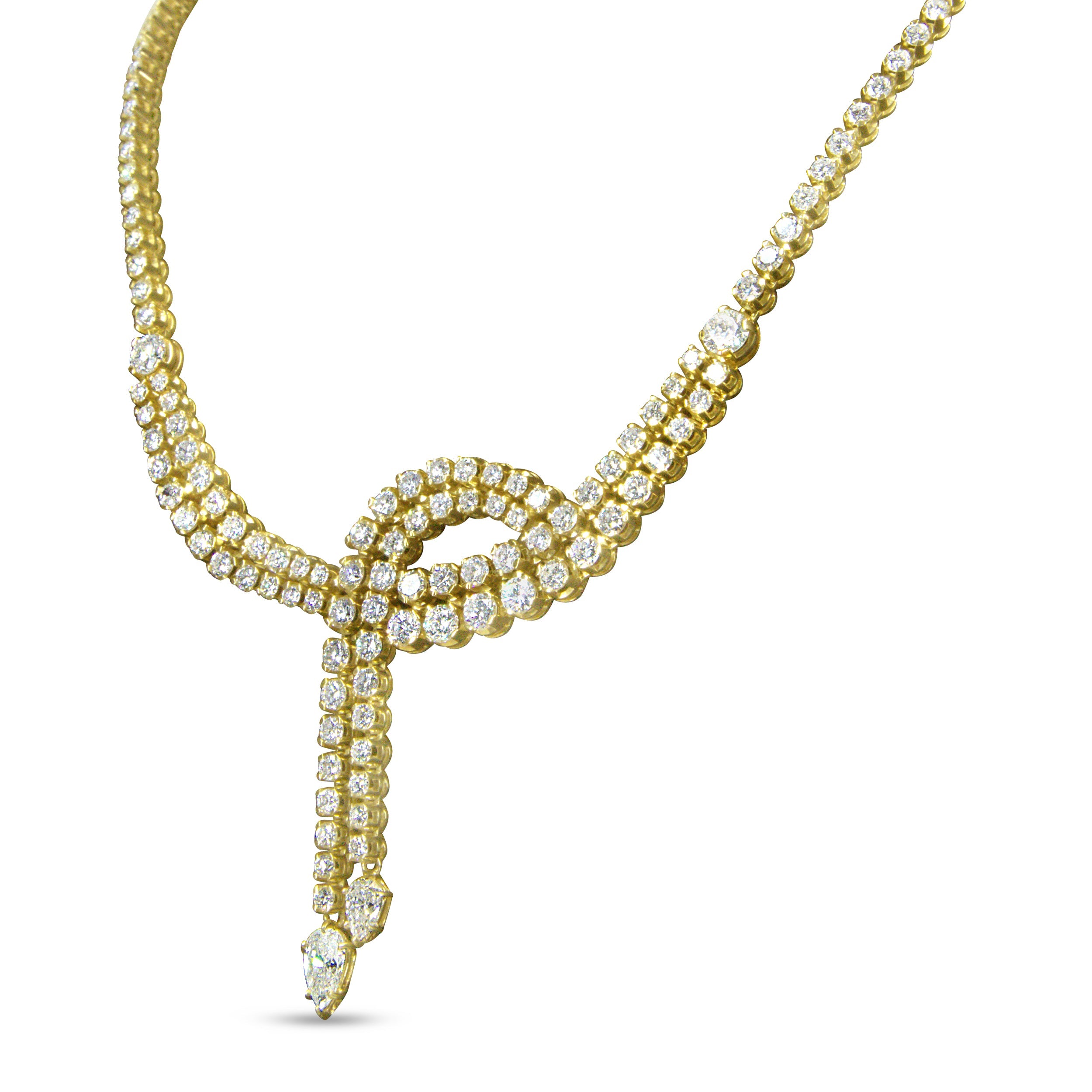 14k Yellow Gold 17.0 Cttw Diamond Double Row Lariat 18" Inch Tennis Necklace with Pear Shape Diamond Drop Tips (I-J Color, VS2-SI1 Clarity)
