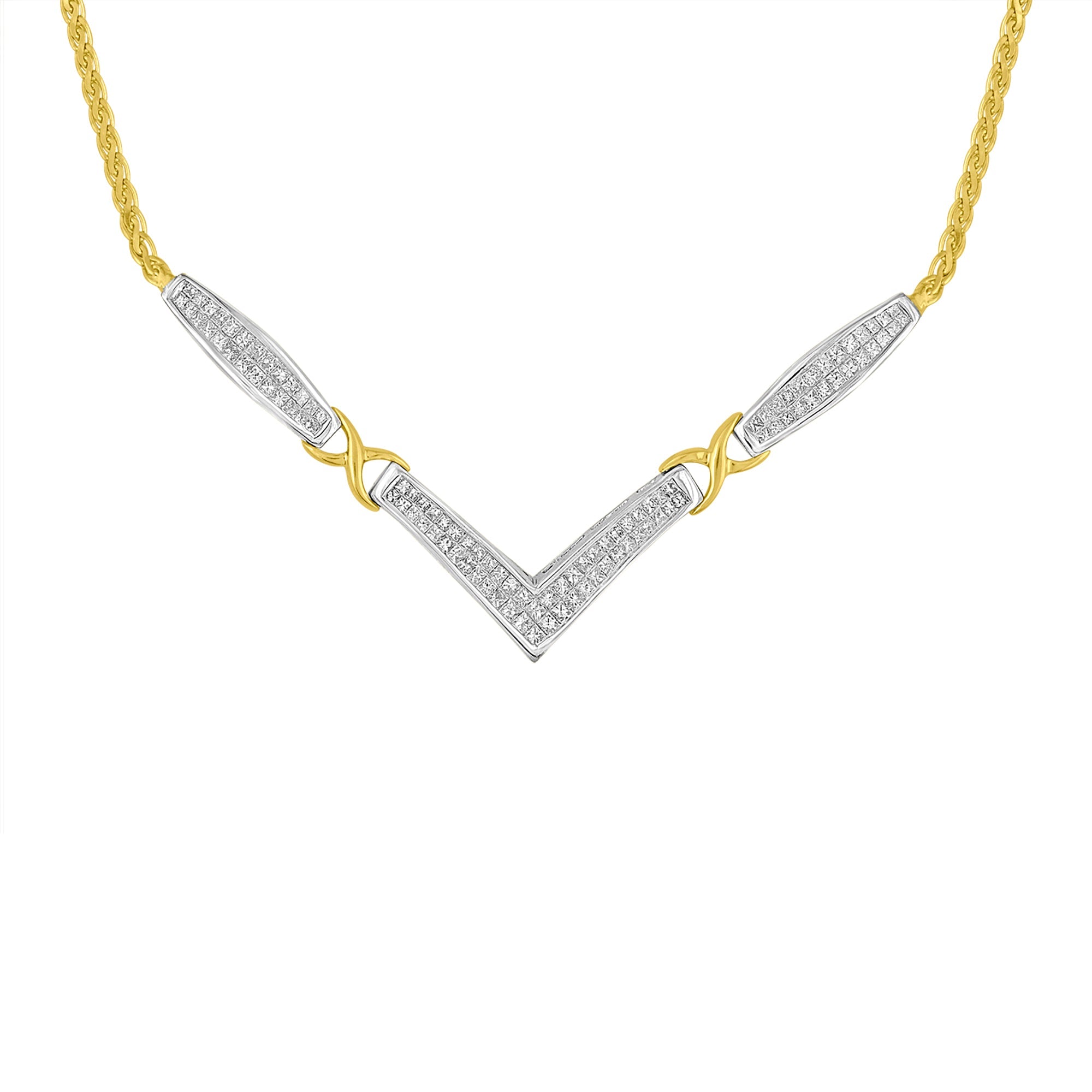 14K Yellow and White Gold 2.0 Cttw Princess Cut Diamond Flared and X-Station V Shaped 18â€ Franco Chain Statement Necklace (H-I Color, SI2-I1 Clarity)