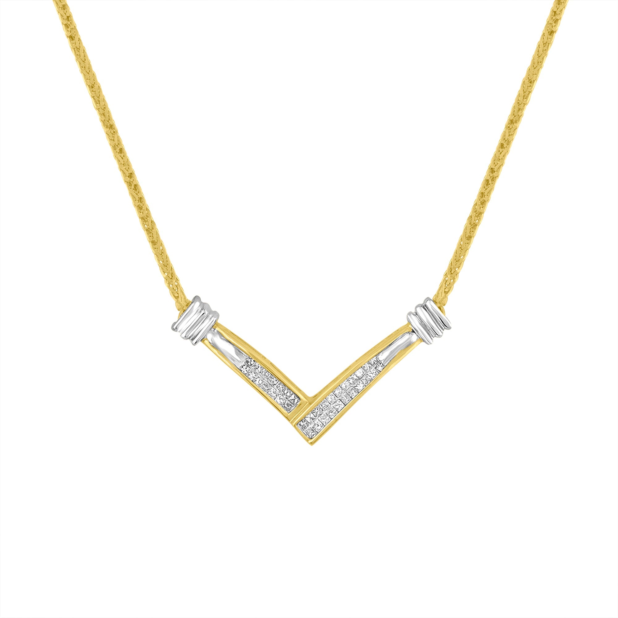 14K Yellow and White Gold 1/4 Cttw Princess Cut Diamond Channel-Set â€œVâ€ Shape 18" Pendant Necklace (H-I Color, SI2-I1 Clarity)