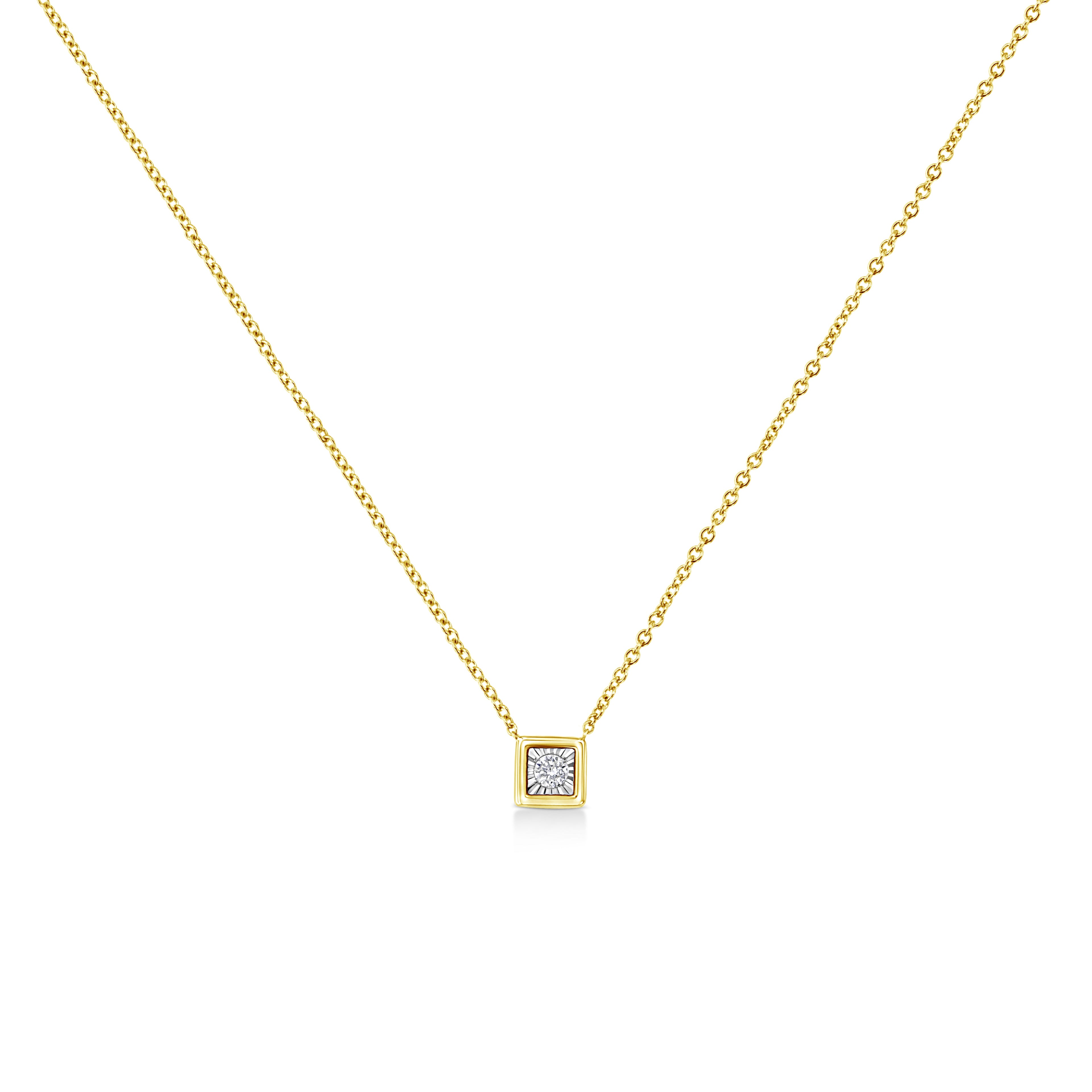 10K Yellow Gold Plated .925 Sterling Silver 1/10 Cttw Miracle Set Round Diamond Square Box Shape 18" Pendant Necklace (K-L Color, I2-I3 Clarity)