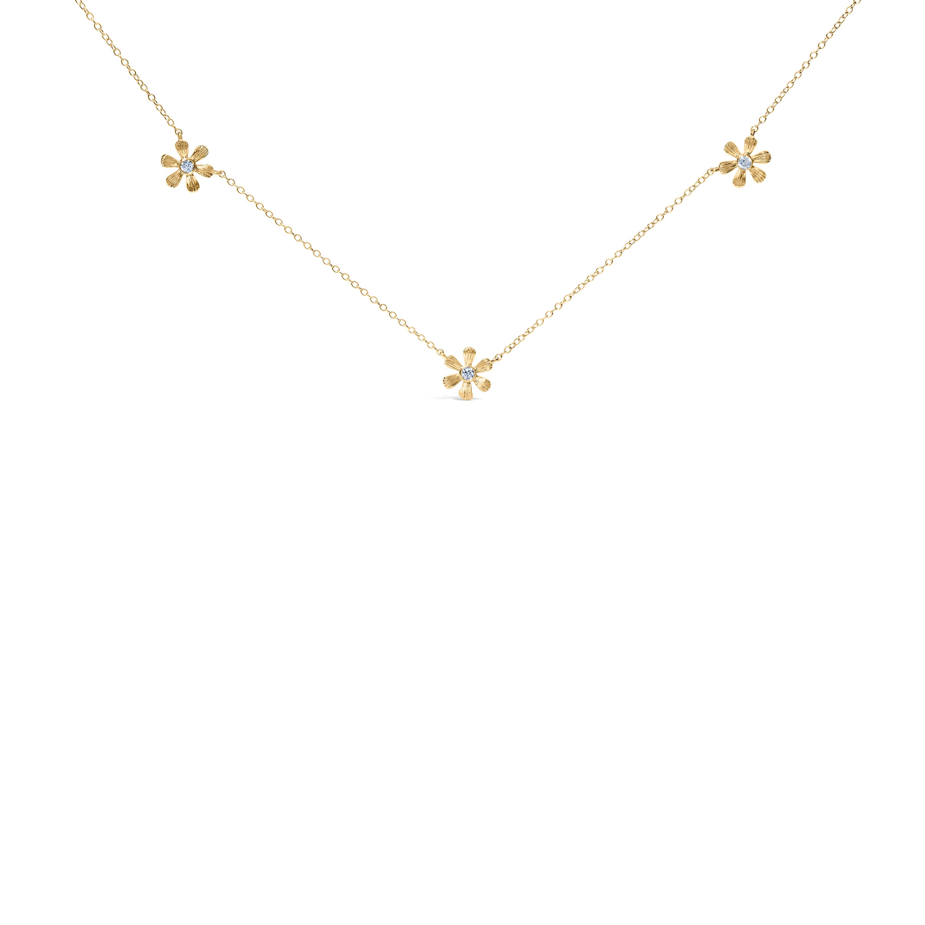10K Yellow Gold 1/8 Cttw Diamond Floral Station Chain Necklace (I-J Color, I1-I2 Clarity)