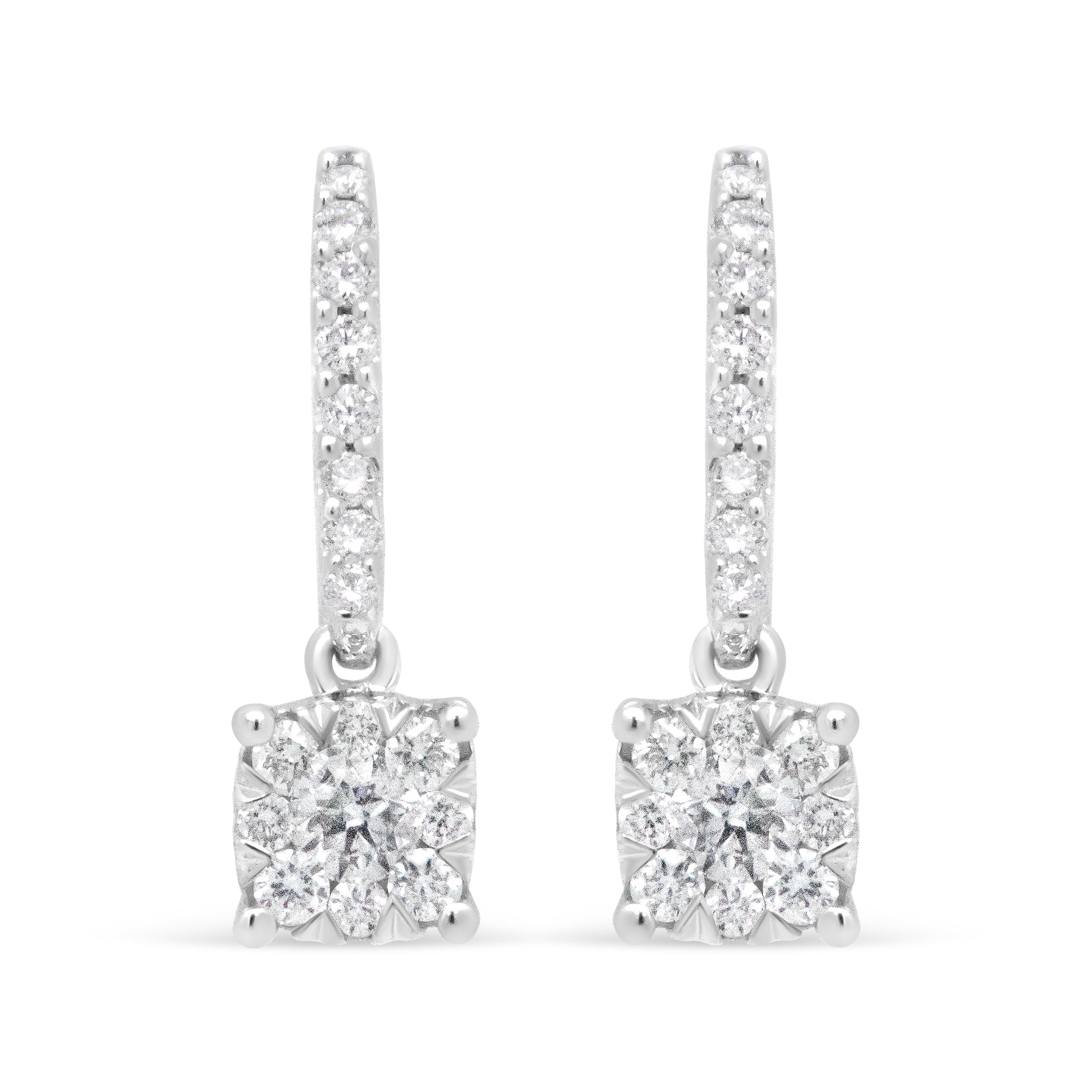 14K White 1/2 Cttw Round Diamond Halo Dangle Hook Earring - (H-I Color, SI2-I1 Clarity)