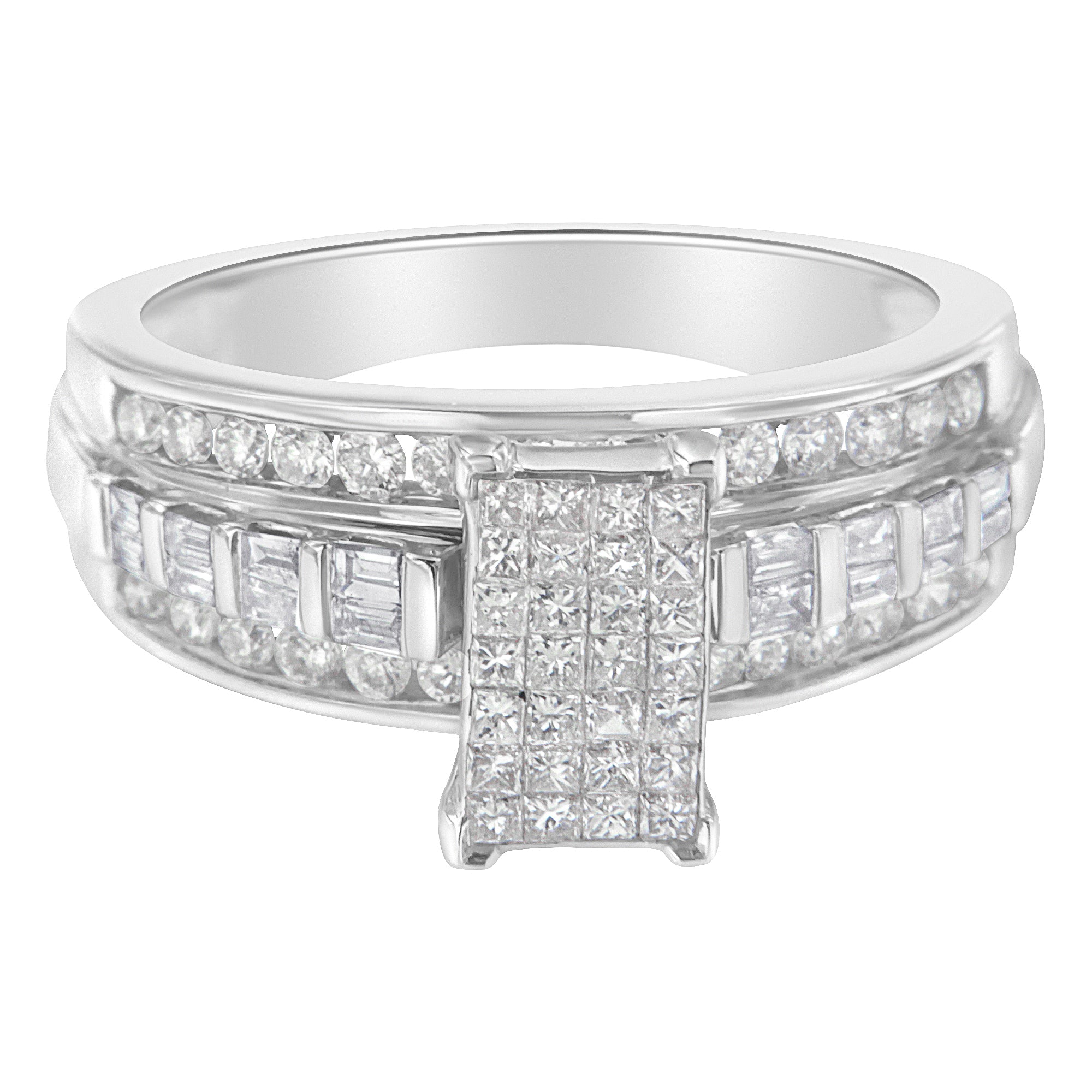 14K White Gold 1.0 Cttw Mixed-Cut Diamond Rectangle Invisible-Set Composite Cluster Ring with Bar- and Channel-Set Band (H-I Color, SI2-I1 Clarity) - Size 7