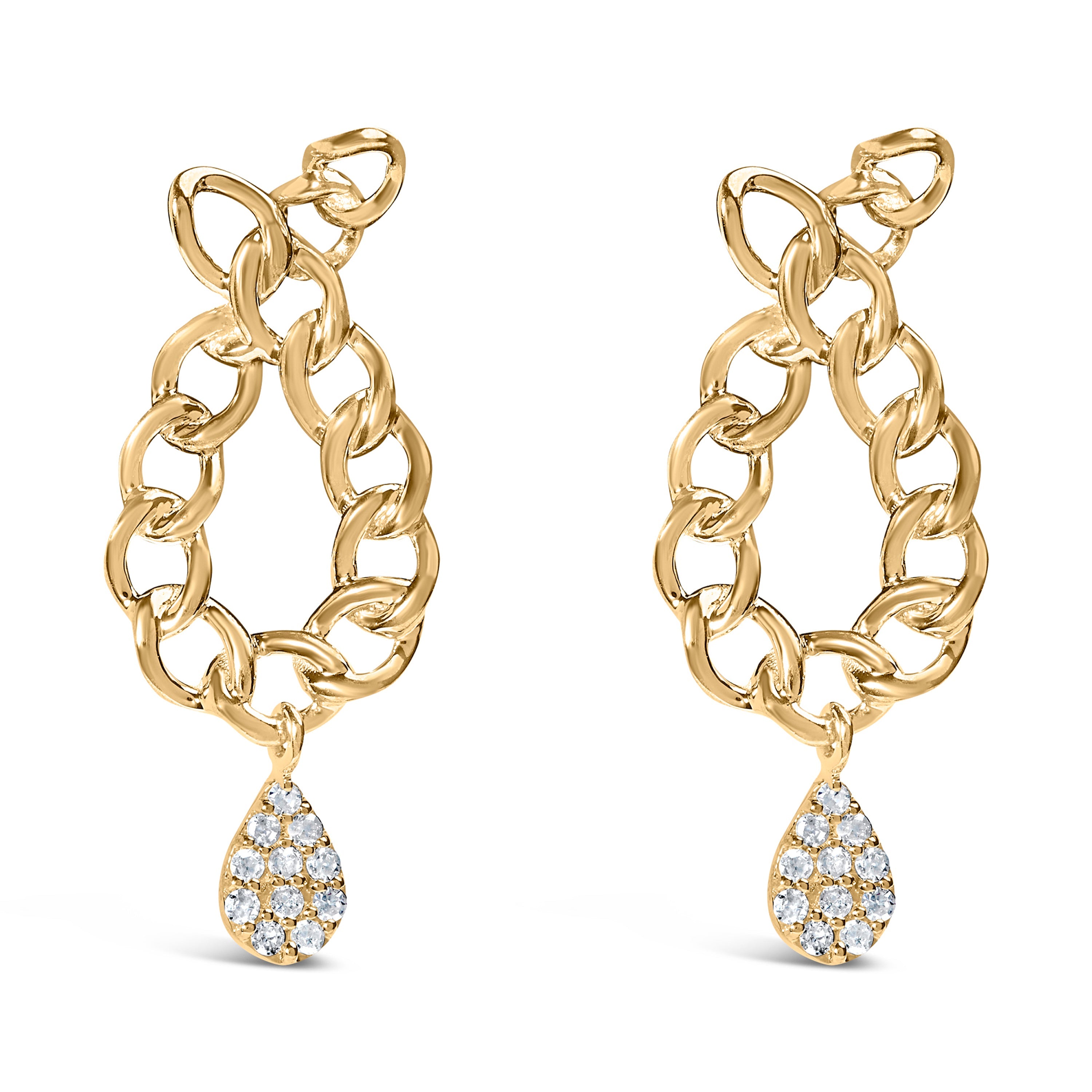 14K Yellow Gold Plated .925 Sterling Silver 1/10 Cttw Diamond Chain Link Teardrop Dangle Earrings (H-I Color, I1-I2 Clarity)