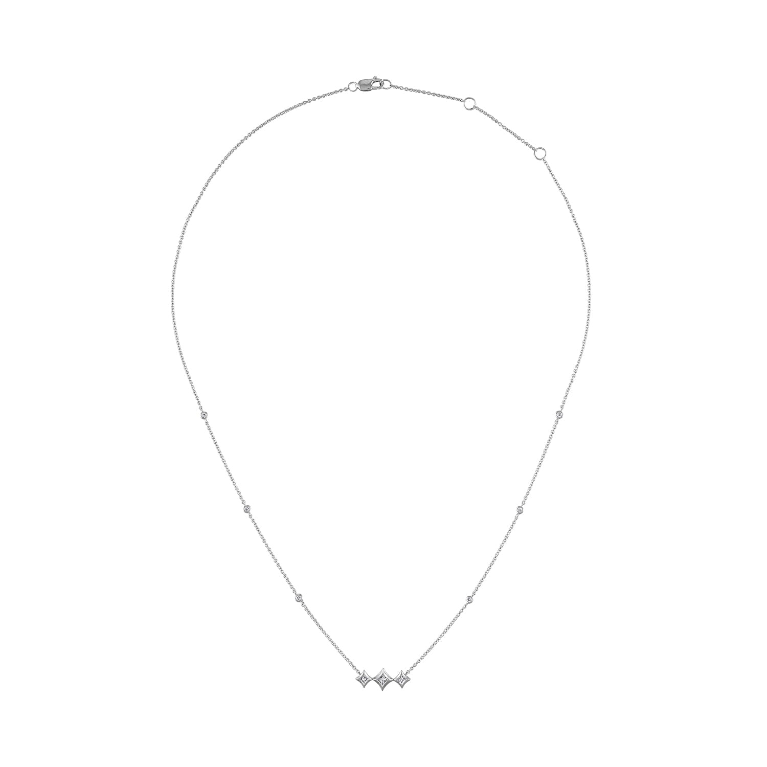 10K White Gold Bezel Set Princess Diamond 3 Stone Kite Shape and Station Necklace (H-I Color, SI2-I1 Clarity) - 18" Inches