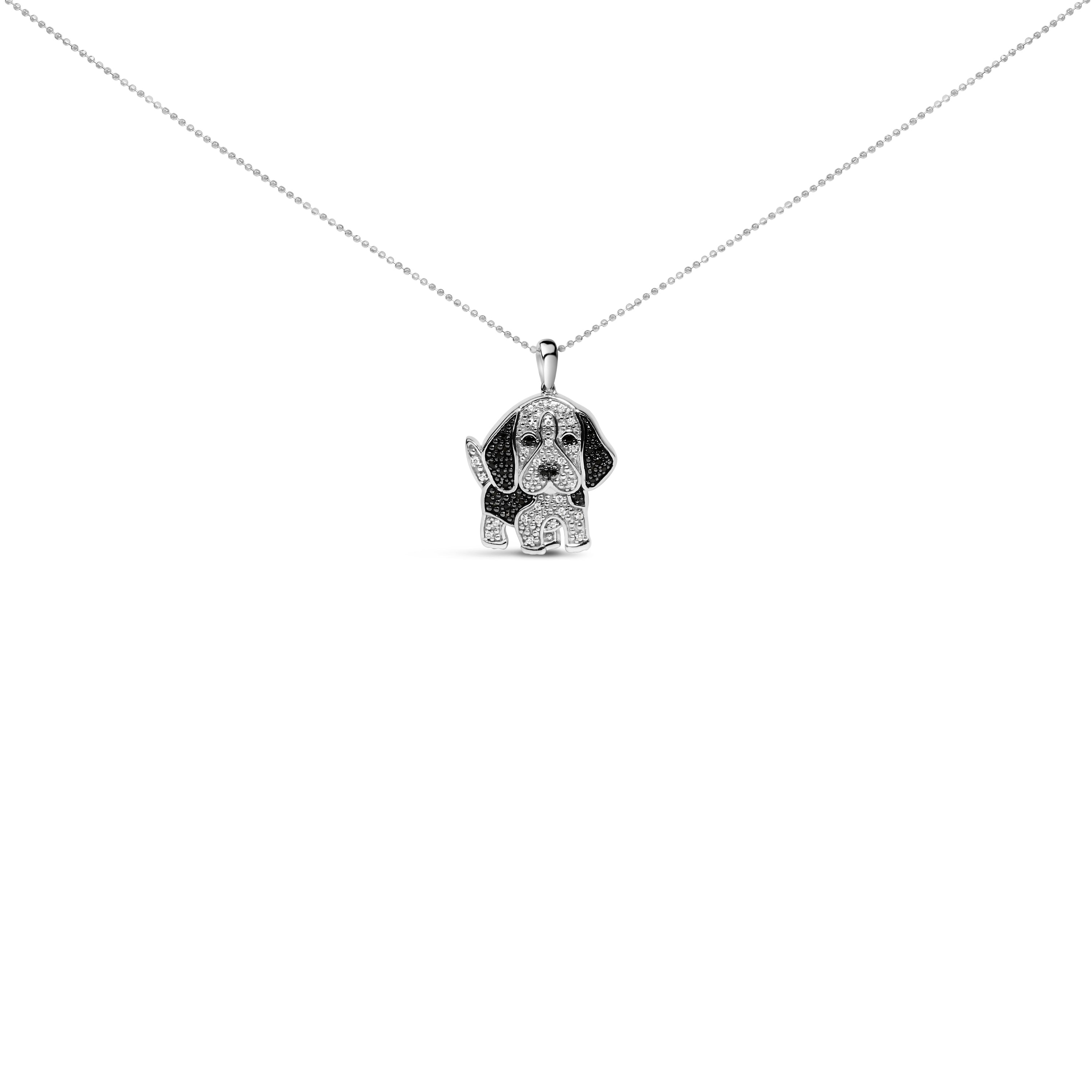 .925 Sterling Silver 1/4 Cttw White and Black Diamond Basset Hound Dog Pendant Necklace 18 inch (I-J Color, I2-I3 Clarity)