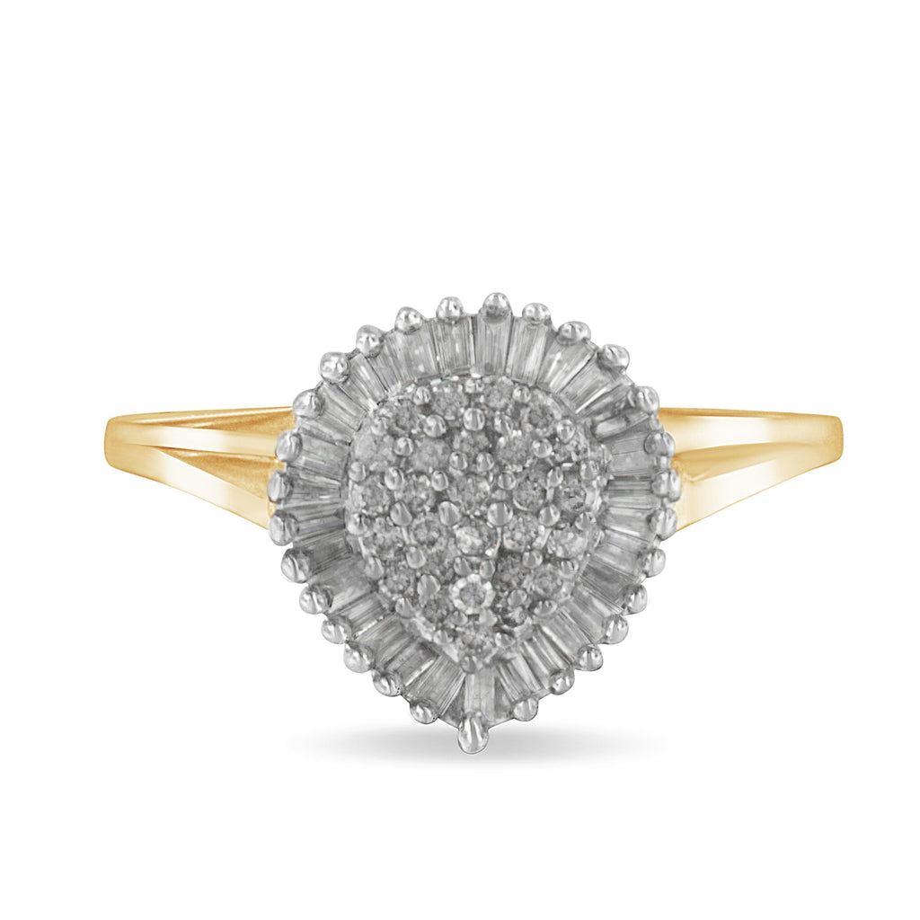 10K Yellow Gold 1/2 Cttw Round & Baguette Cut Diamond Pear Shaped Domed PavÃ© Cluster with Halo Cocktail Ring (J-K Color, I1-I2 Clarity) - Size 4-1/4