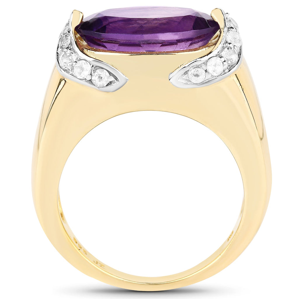 14K Yellow Gold Plated 4.98 Carat Genuine Amethyst and White Topaz .925 Sterling Silver Ring