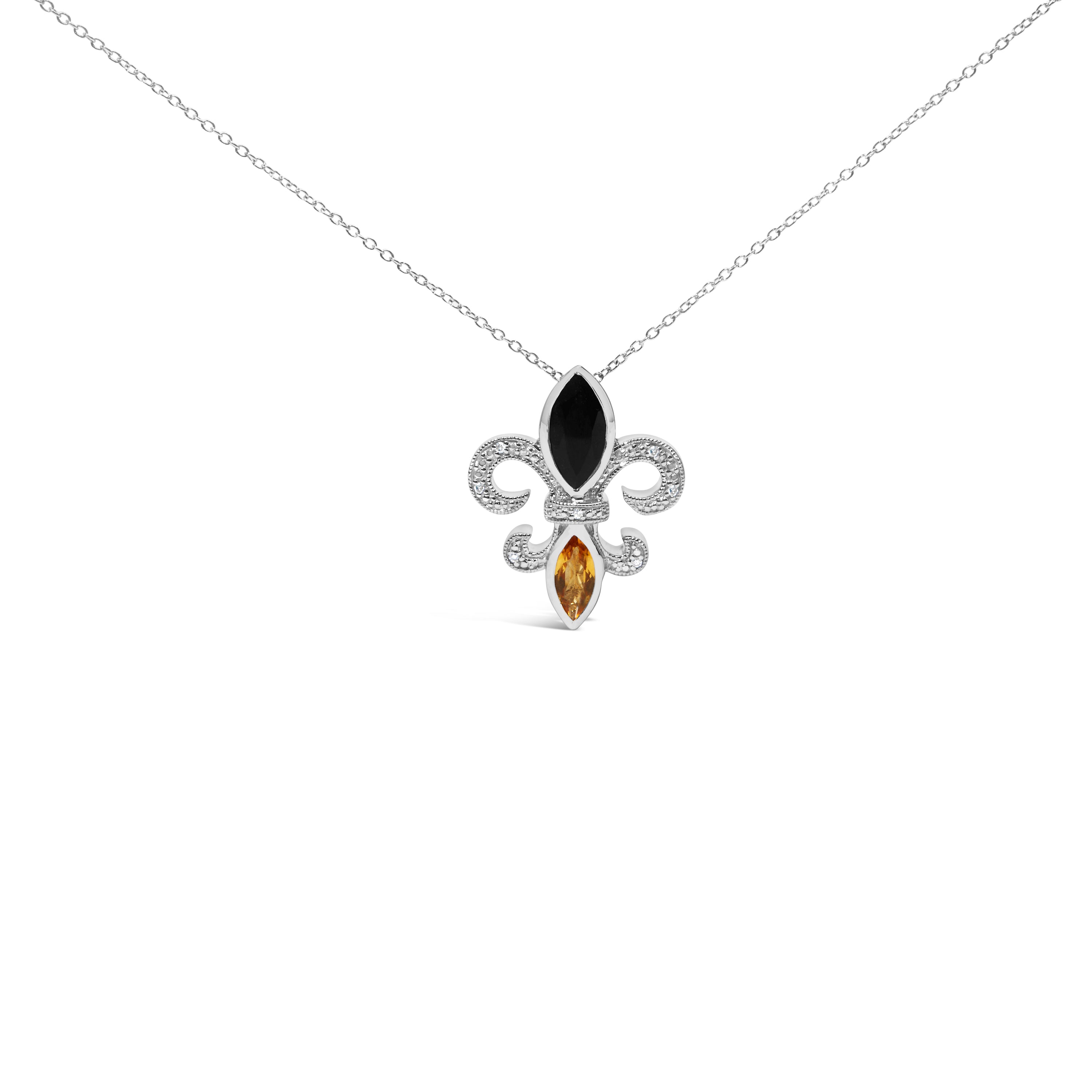 .925 Sterling Silver Marquise Onyx and Citrine and Diamond Accent Fleur De Lis Pendant Necklace (H-I Color, SI1-SI2 Clarity) - 18"