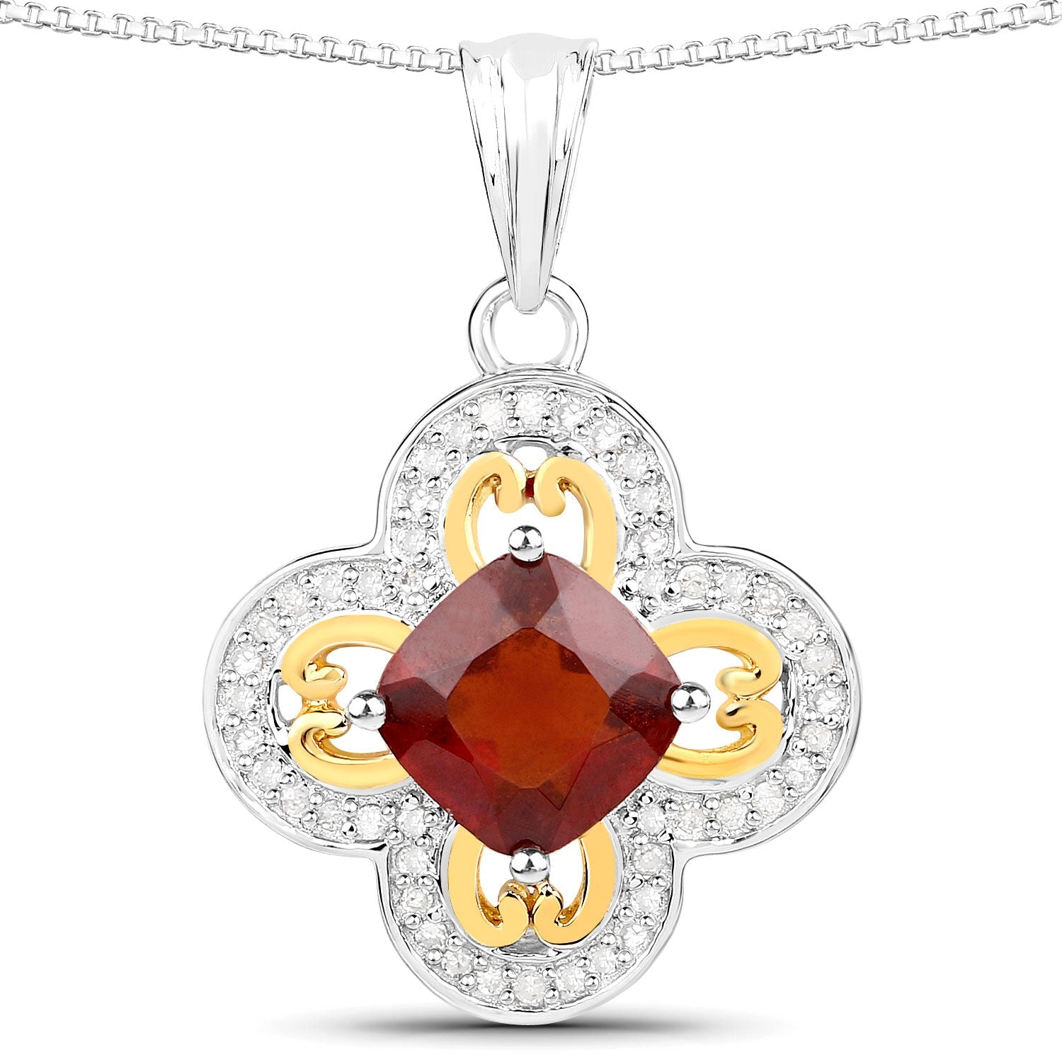 1.63 Carat Genuine Hessonite and White Diamond 18K Yellow Gold with .925 Sterling Silver Pendant