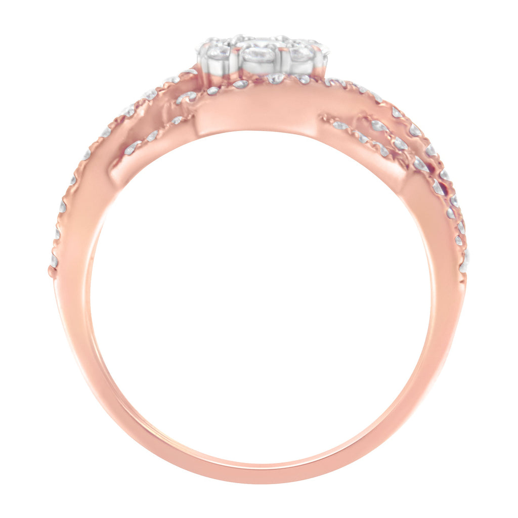 10K Rose Gold 3/4 Cttw Diamond Floral Cluster Head and Twisted Shank Cocktail  Ring (H-I Color, SI1-SI2 Clarity)- Size 7