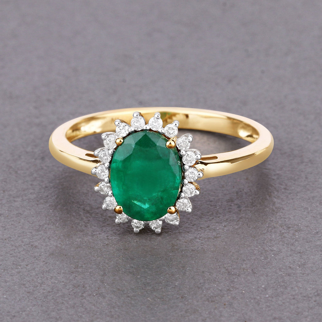 1.34 Carat Genuine Zambian Emerald and White Diamond 14K Yellow Gold Ring