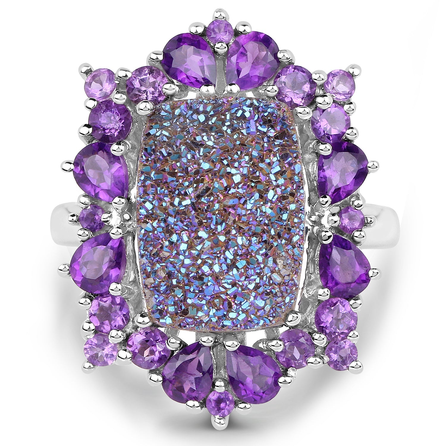 5.97 Carat Genuine Drusy Quartz and Amethyst .925 Sterling Silver Ring