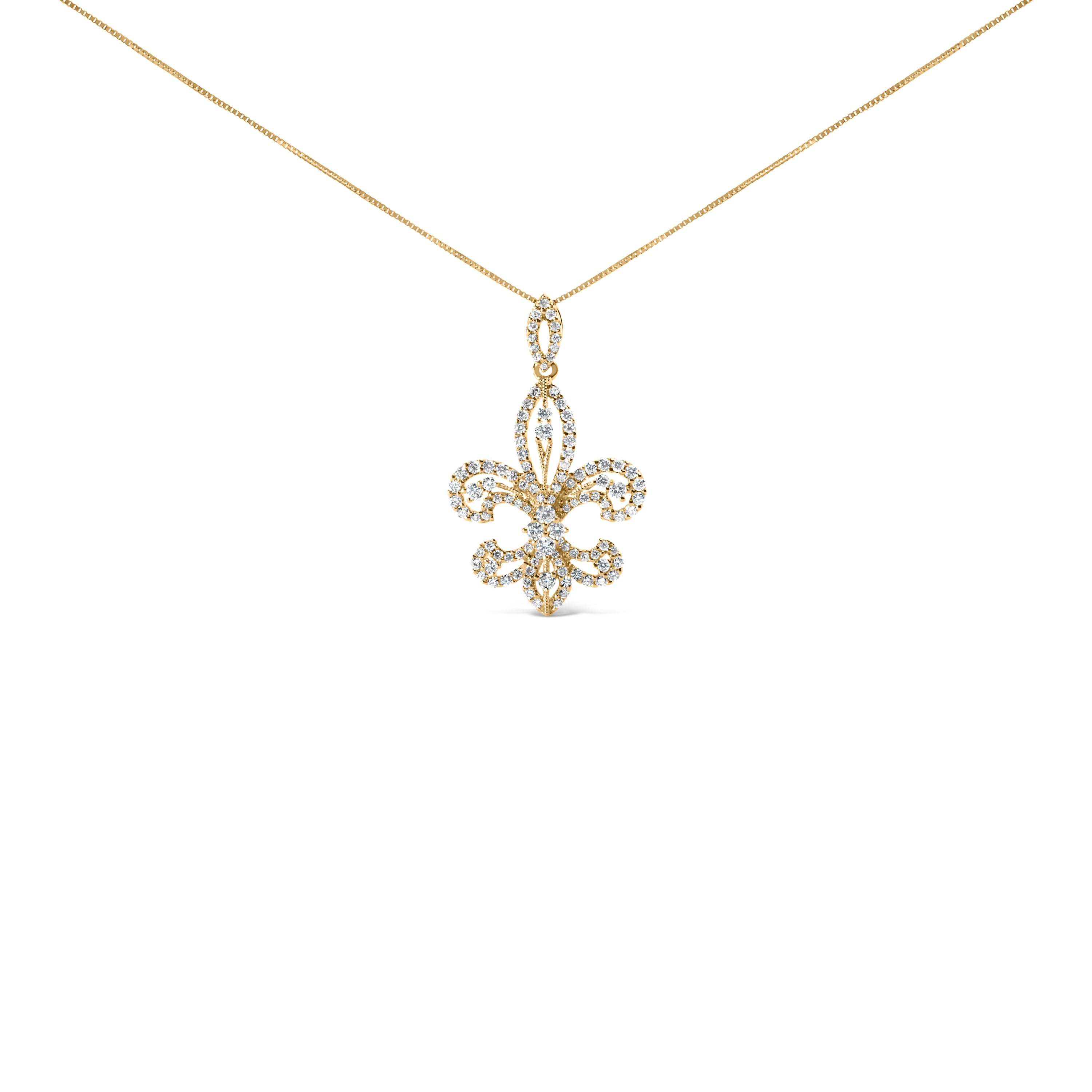14K Yellow Gold 1.00 Cttw Round Diamond Fleur De Lis 18" Pendant Necklace (H-I Color, SI2-I1 Clarity)