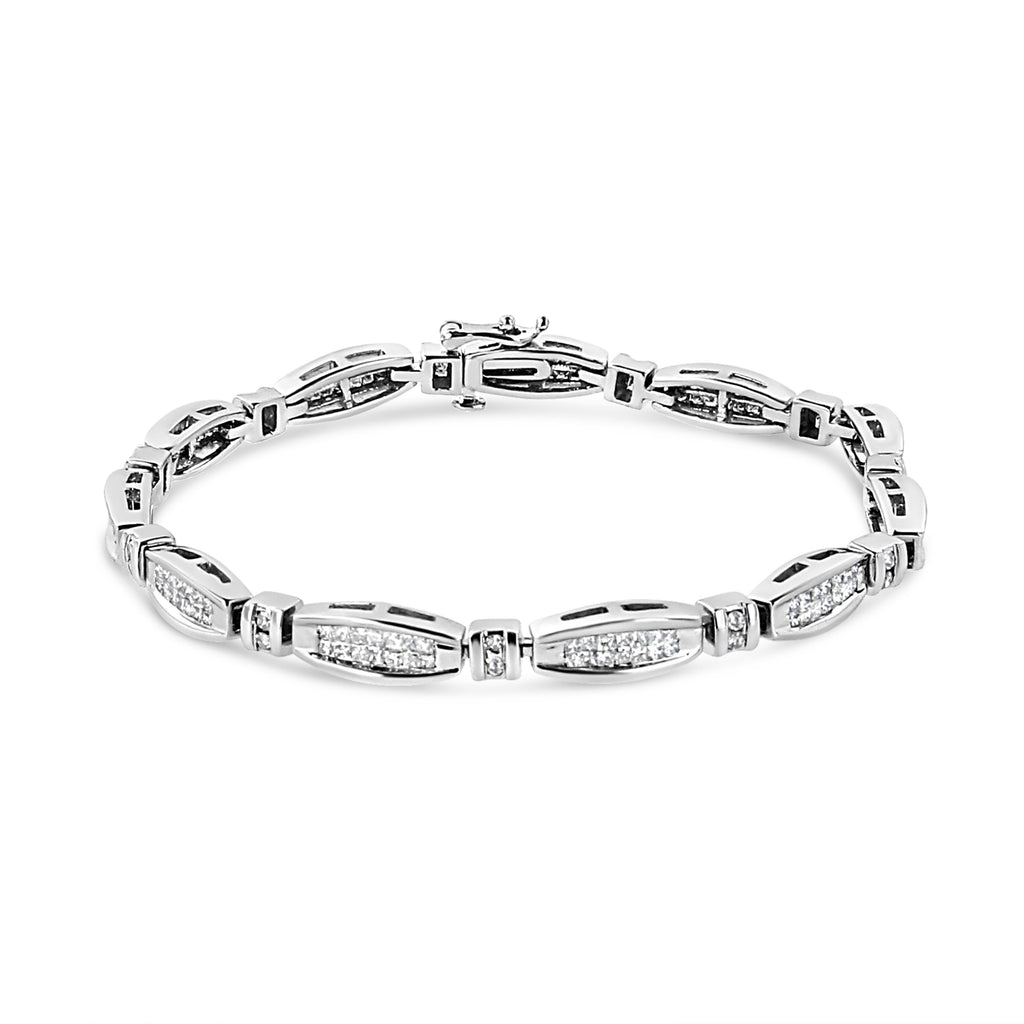 14K White Gold 2.0 Cttw Princess and Round Diamond Bar and Link Bracelet (I-J Color, I1-I2 Clarity) - 7.25" Inches