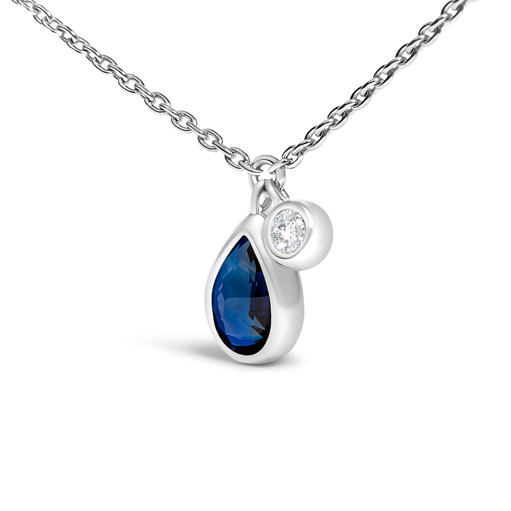 14K White Gold 6x4mm Pear Blue Sapphire and Diamond Accent Charm Pendant Necklace - 18" Inches