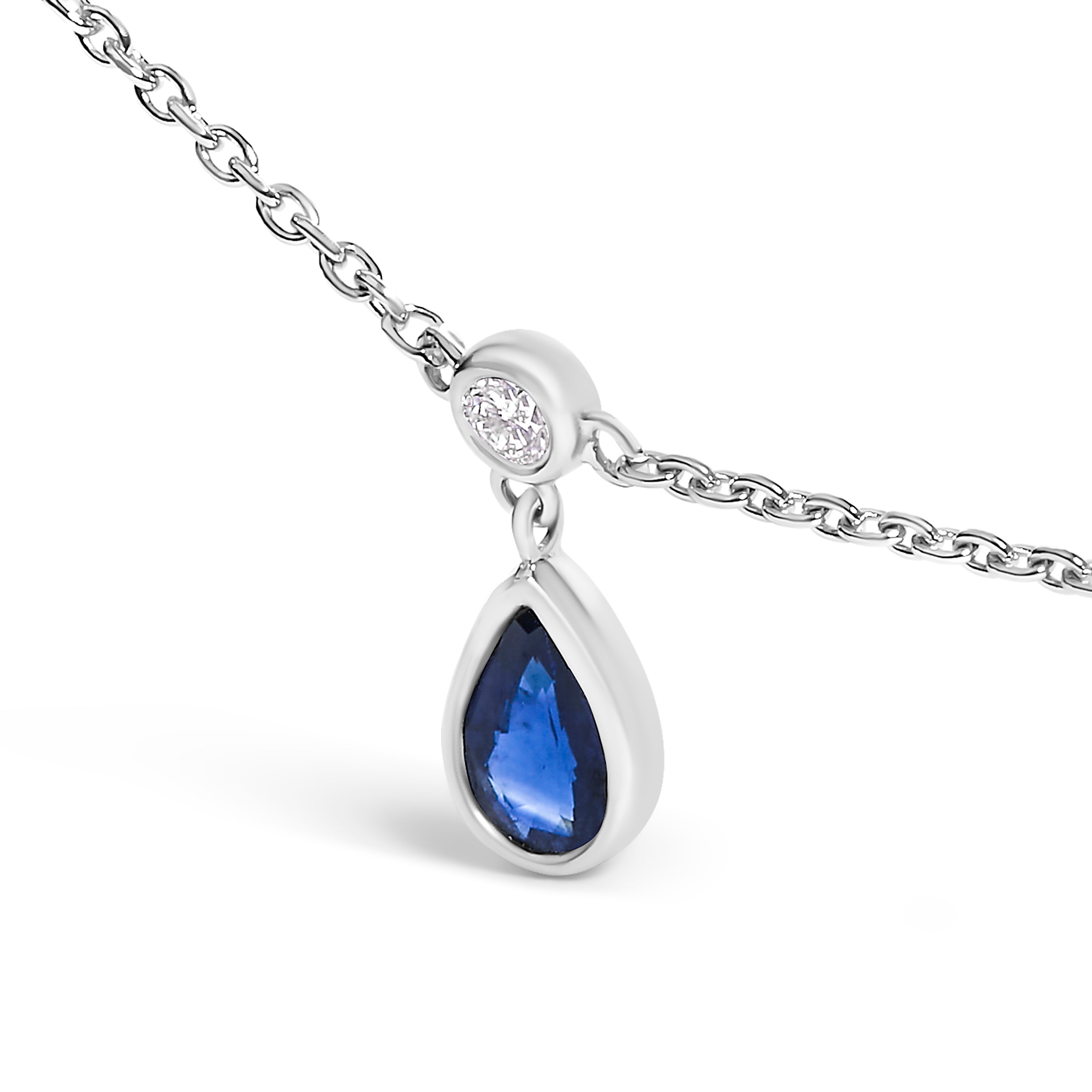 10K White Gold Dangling 5x3 mm Pear Blue Sapphire and Diamond Station Necklace - 18" Inches