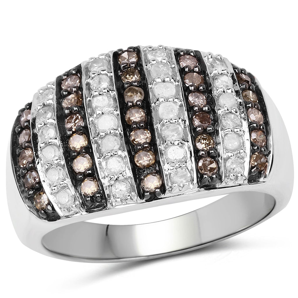 0.83 Carat Genuine Champagne Diamond and White Diamond .925 Sterling Silver Ring