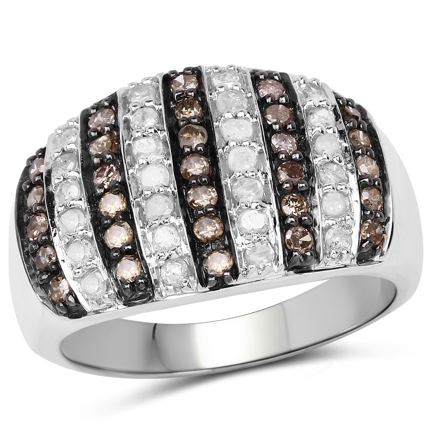 0.83 Carat Genuine Champagne Diamond and White Diamond .925 Sterling Silver Ring
